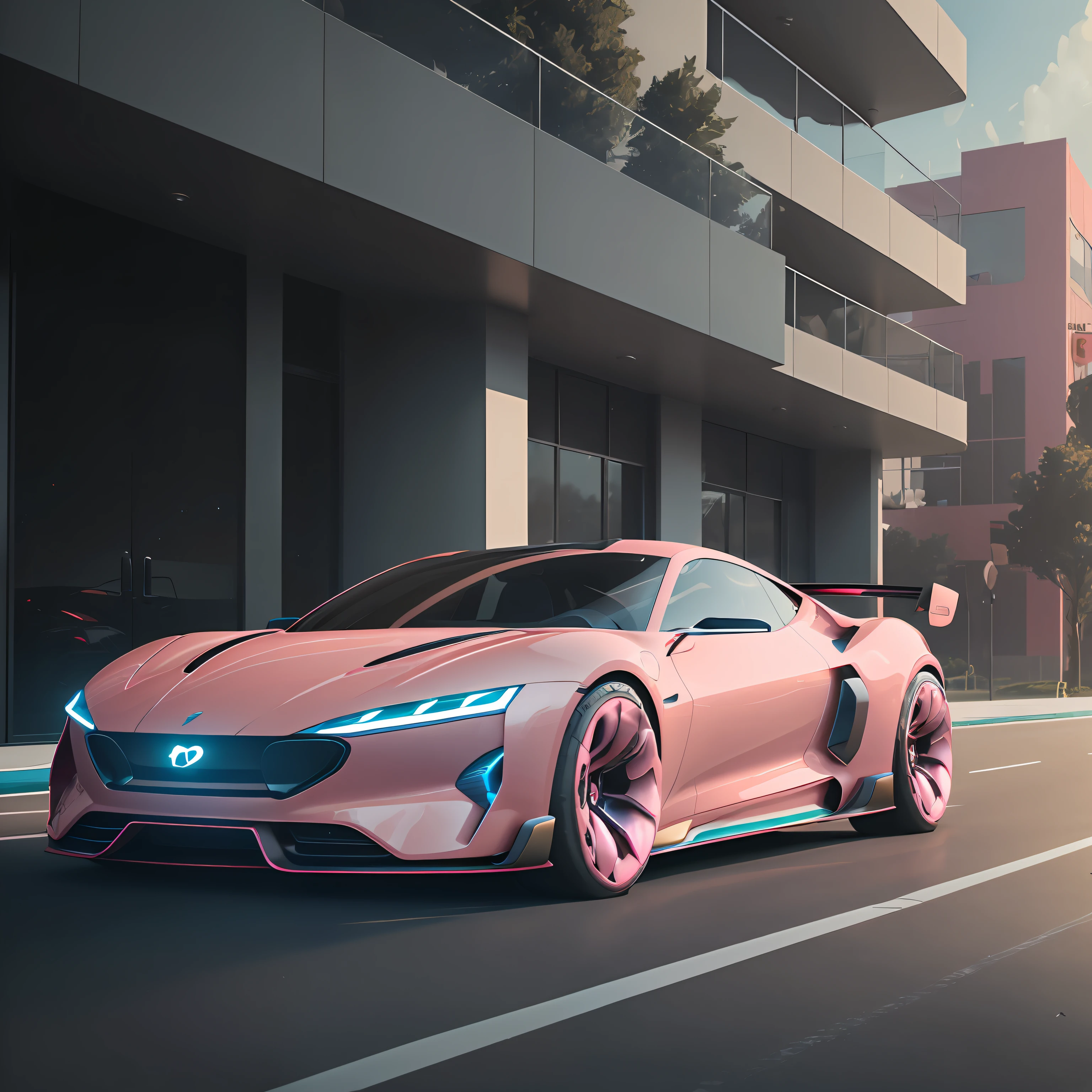 An electric sports concept sports car on the roads of a modern city,Ahead,pink color,innovation,originality,Modern art,Light pink metallic,deep of field,midday,animated,cinematic pinterest style,4K3D rendering,Valentine's Day limited,highly detail,unrealengine,Realistic surrealist concept art,futurism,Heart logo, --auto