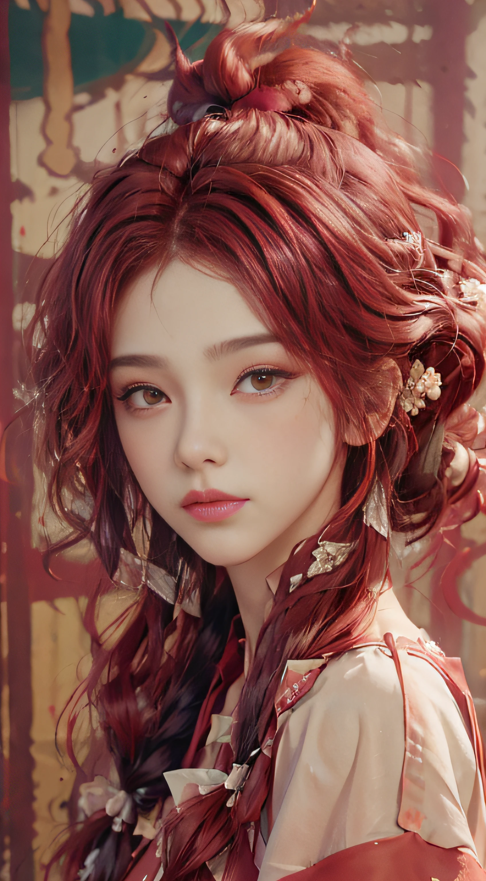 ((Beautiful detailed face)), ((Red hair)), ((Big wavy hair)), neat, stylish, cool, fashionable, non-standard, avant-garde, experimental Appearance: shaved head or bold hair color,