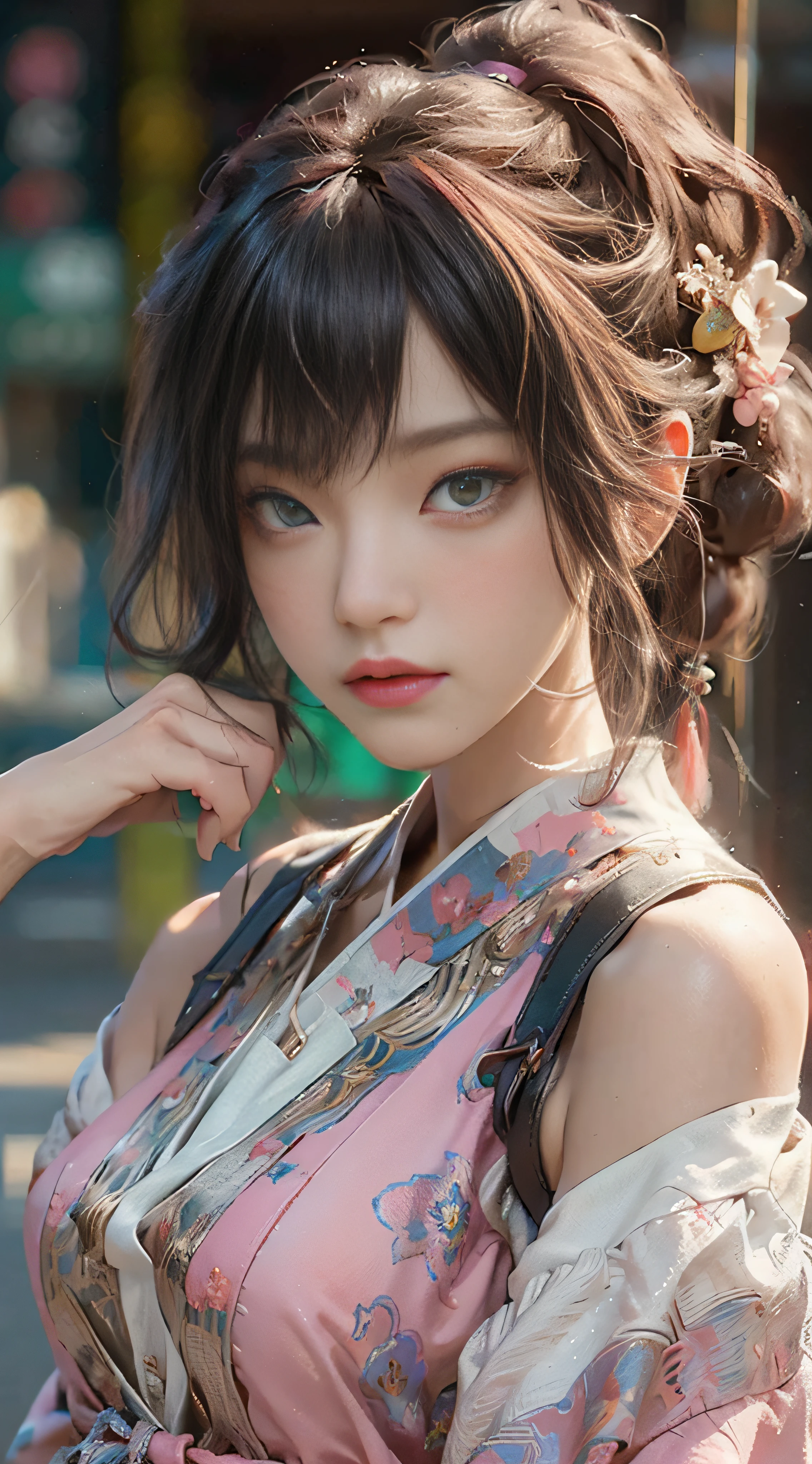((Best Quality)), ((Masterpiece)), (Detail: 1.4), 3D, Beautiful Cyberpunk Female Image, HDR (High Dynamic Range), Ray Tracing, NVIDIA RTX, Super Resolution, Unreal 5, Subsurface Scattering, PBR Texture, Post-Processing, Anisotropic Filtering, Depth of Field, Maximum Sharpness and Sharpness, Multi-layer Texture, Albedo and Highlight Mapping, Surface Coloring, Mitsu-Accurate Simulation of Material Interactions, Perfect Proportions, Octane Rendering, Two-color Light, Large Aperture, Low ISO, white balance, regular three-point, 8K RAW, beautiful bright pupils, off-the-shoulder clothes, fine pupils, delicate face and eyes, long eyelashes, blush, delicate and fluffy hair, pink lips, pure, cute, sweet girl, artistic sense, casual wear, high-end sense