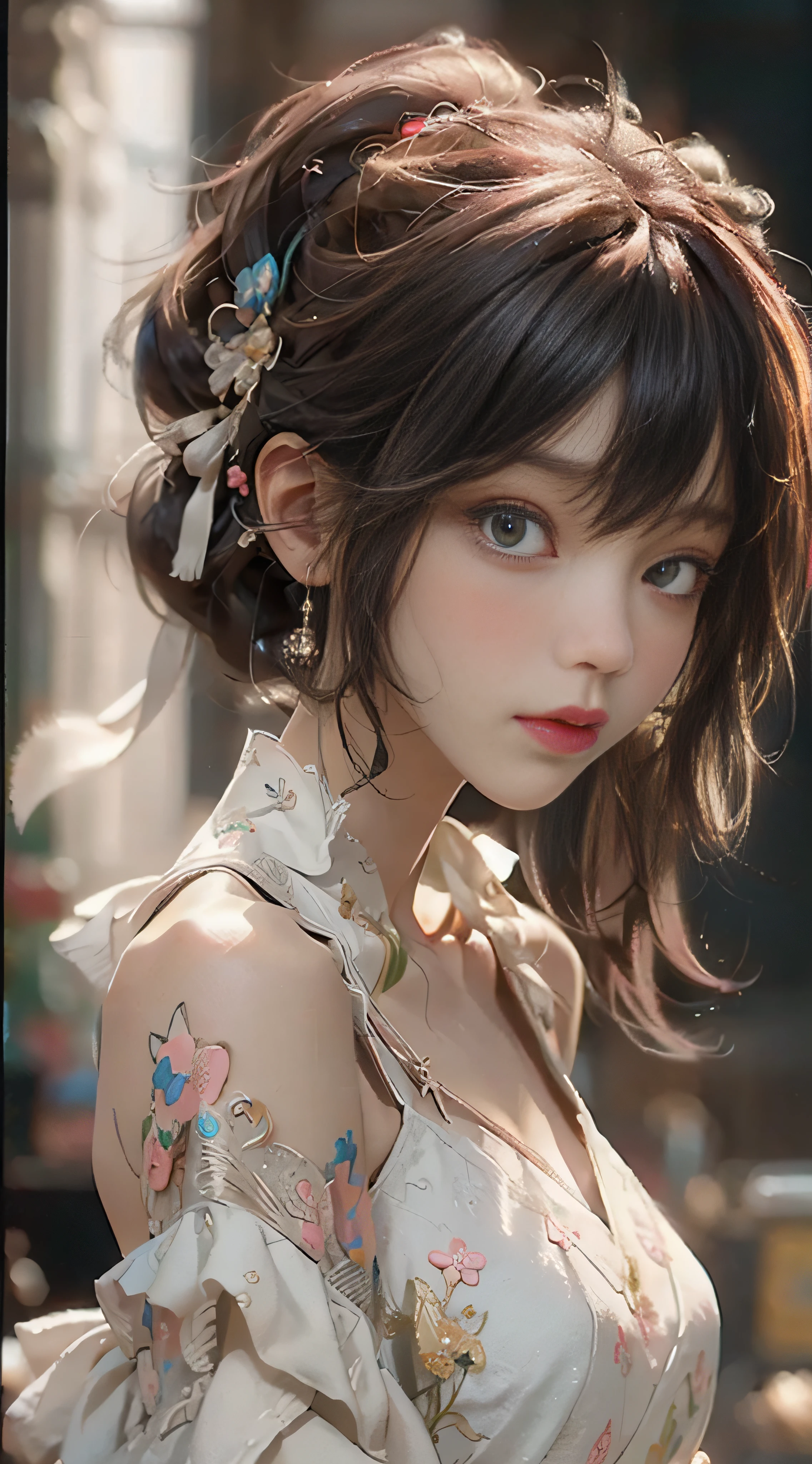 ((best qulity)), ((The Masterpiece)), (detail:1.4), 3D, Beautiful cyberpunk female images,HDR(High dynamic range),light tracing,NVIDIA RTX,The ultra-Resolution,Unreal 5,sub-surface Scattering,PBR textures,Postprocess,Anisotropic filtration,depthoffield,Maximum clarity and clarity,Multilayer Texture,Albedo e mapas Speculares,Surface Coloring,Mitsu-Accurate simulation of material interactions,perfectly proportioned,octane rendered,Two-colored light,Large aperture,Low ISO,White balance,Rule three points、8K RAW、beautiful bright pupils,Off-the-shoulder clothing,Fine pupils,Delicate face and eyes,long eyelash,Blushlush,Delicate and fluffy hair,Pink lips,Pure,Lovely,Sweet girl,Artistic sense,Casual wear,Premium Sense,weddingdress