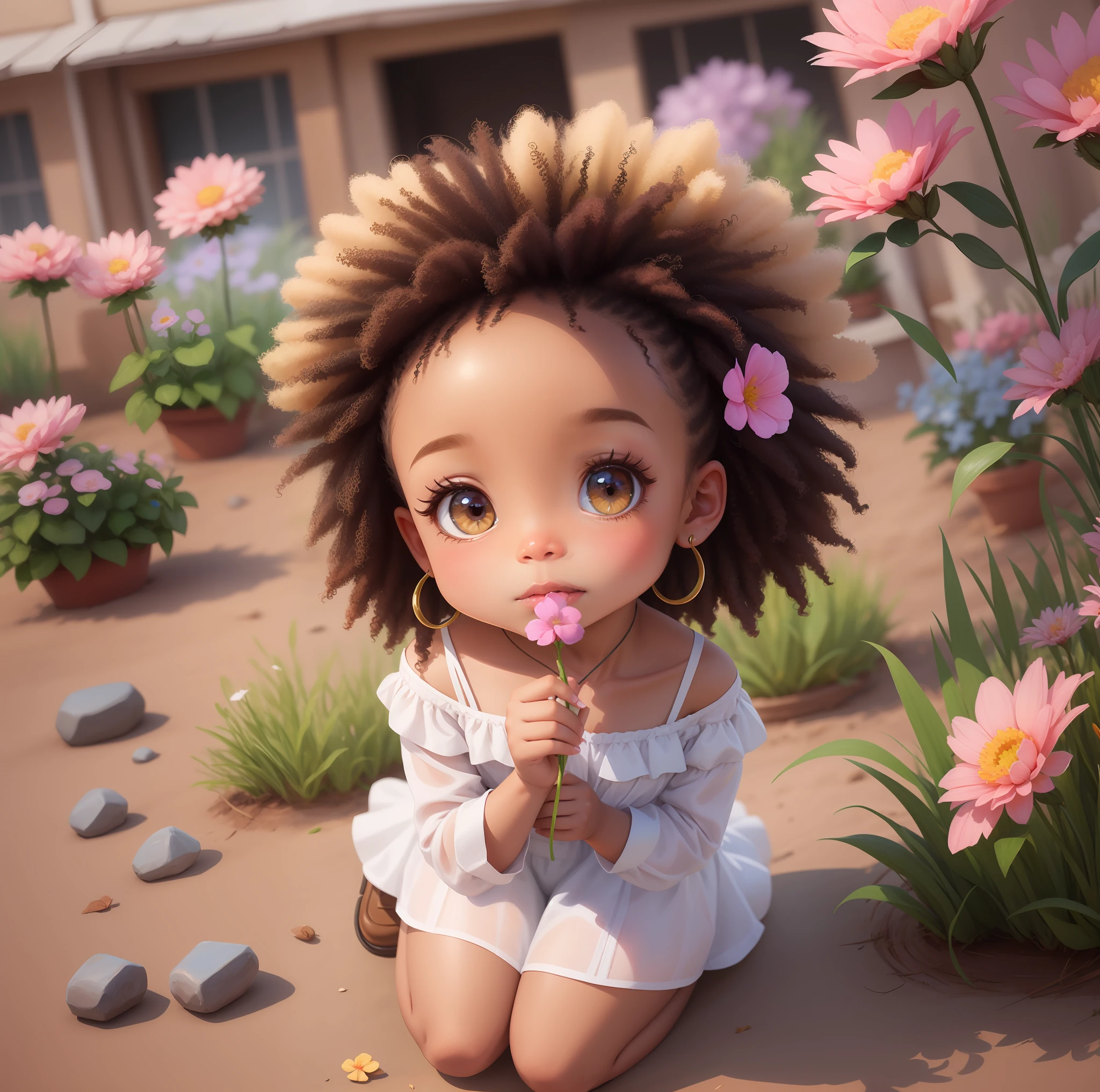 Menina ((afro-africana)) of cartoons with flower in hand kneeling in a field of flowers, bela arte digital, arte digital detalhada bonito, adorable digital painting, menina afro nas flores, Bom anime, Soft anime illustration, arte fofa, menina Bom anime, kawaii retrato realista, menina chibi, Loli, official illustration, menina afro bonito, menina afro bonito, advanced digital chibi art