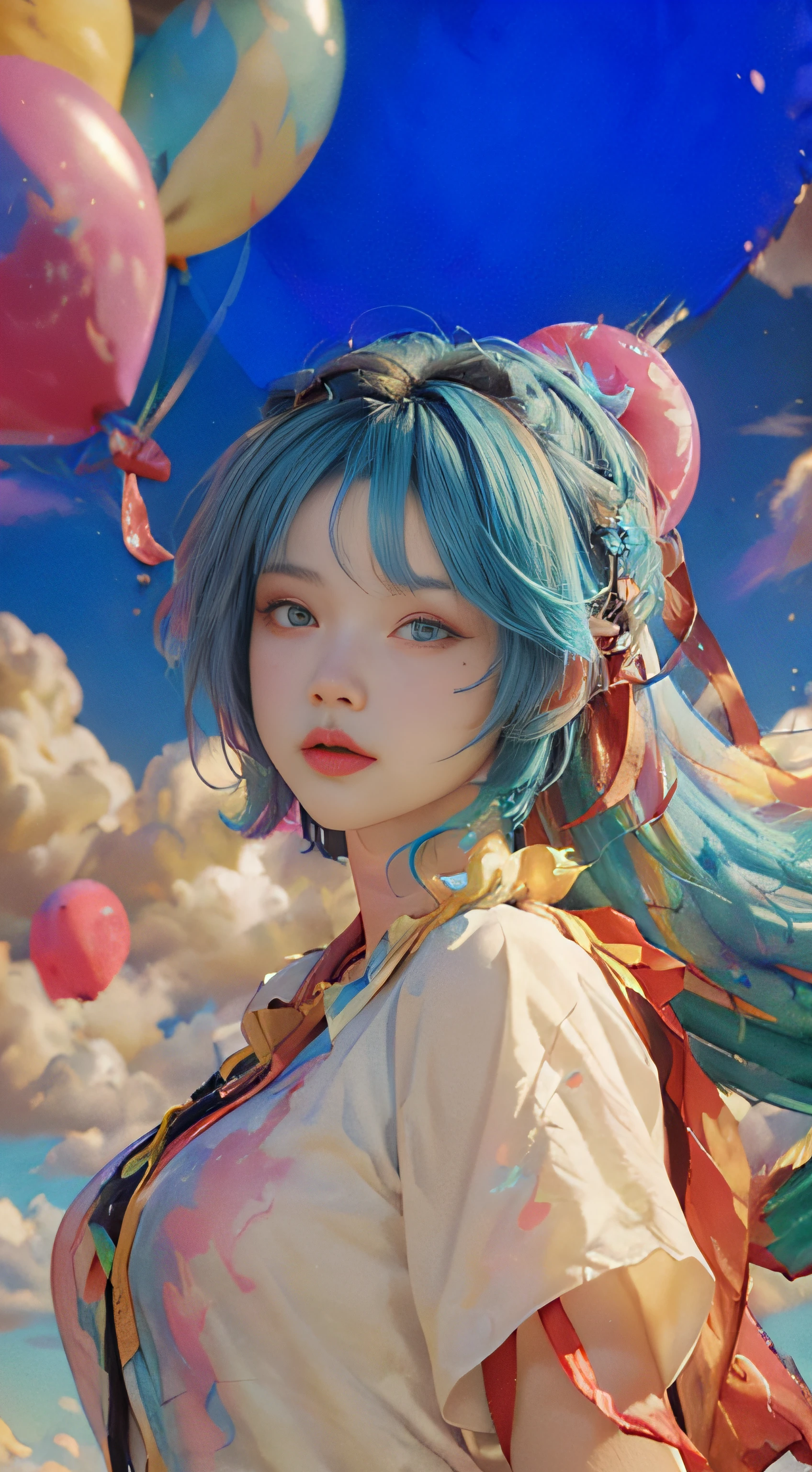 ((Beautiful detailed face)), ((colored hair)), ((floating)), (Paint), ((Loose hair)), ((Gale)), (Gradient eyes), (Colored eyes))), (White Cloud background))), (High saturation))), (Surrounded by colored paint)))((Bust))(((Bust)))), (Shorts)), ((Colorful clouds)), ((Balloons)), ((Umbrella)), (Dynamic Angle),