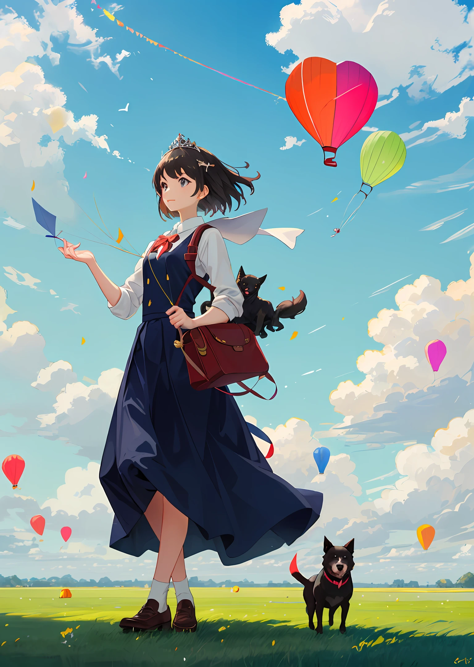 A beautiful princess carrying a school bag，Take the cute dog and fly a kite on the grass under the blue sky and white clouds