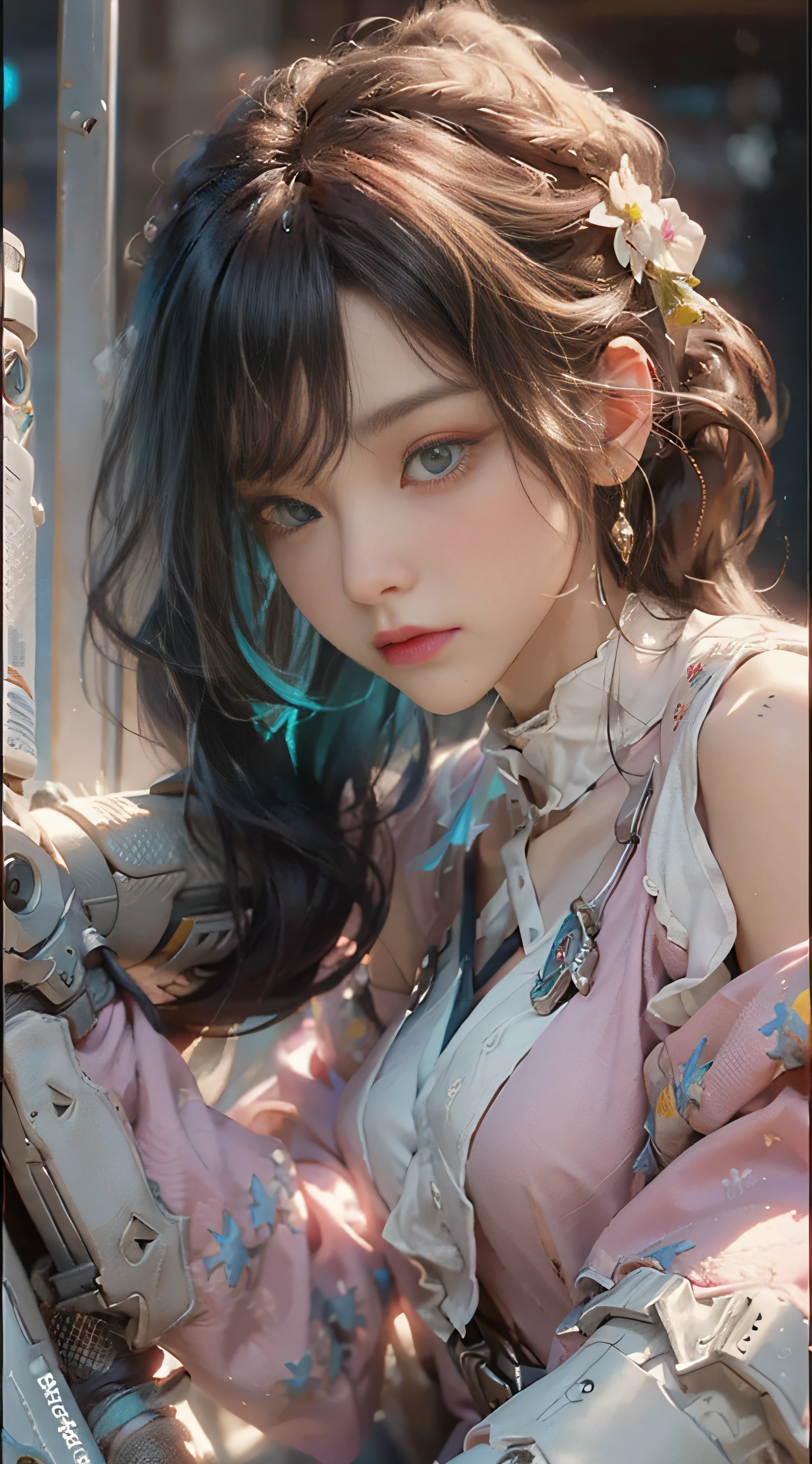 ((best qulity)), ((The Masterpiece)), (detail:1.4), 3D, Beautiful cyberpunk female images,HDR(High dynamic range),light tracing,NVIDIA RTX,The ultra-Resolution,Unreal 5,sub-surface Scattering,PBR textures,Postprocess,Anisotropic filtration,depthoffield,Maximum clarity and clarity,Multilayer Texture,Albedo e mapas Speculares,Surface Coloring,Mitsu-Accurate simulation of material interactions,perfectly proportioned,octane rendered,Two-colored light,Large aperture,Low ISO,White balance,Rule three points、8K RAW、beautiful bright pupils,Off-the-shoulder clothing,Fine pupils,Delicate face and eyes,long eyelash,Blushlush,Delicate and fluffy hair,Pink lips,Pure,Lovely,Sweet girl,Artistic sense,Casual wear,Premium Sense,Tiffany Blue