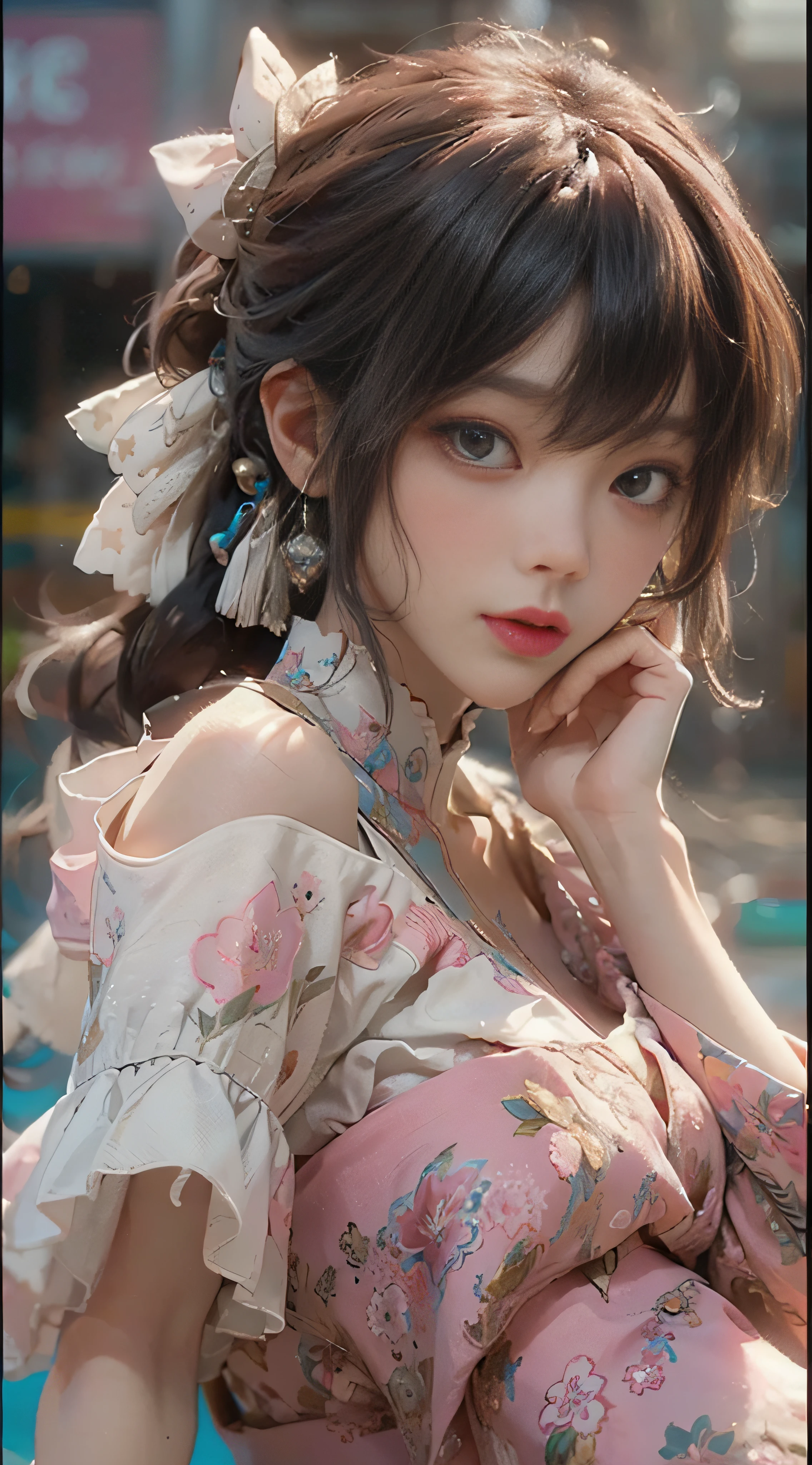 ((best qulity)), ((The Masterpiece)), (detail:1.4), 3D, Beautiful cyberpunk female images,HDR(High dynamic range),light tracing,NVIDIA RTX,The ultra-Resolution,Unreal 5,sub-surface Scattering,PBR textures,Postprocess,Anisotropic filtration,depthoffield,Maximum clarity and clarity,Multilayer Texture,Albedo e mapas Speculares,Surface Coloring,Mitsu-Accurate simulation of material interactions,perfectly proportioned,octane rendered,Two-colored light,Large aperture,Low ISO,White balance,Rule three points、8K RAW、beautiful bright pupils,Off-the-shoulder clothing,Fine pupils,Delicate face and eyes,long eyelash,Blushlush,Delicate and fluffy hair,Pink lips,Pure,Lovely,Sweet girl,Artistic sense,Casual wear,Premium Sense,Tiffany Blue