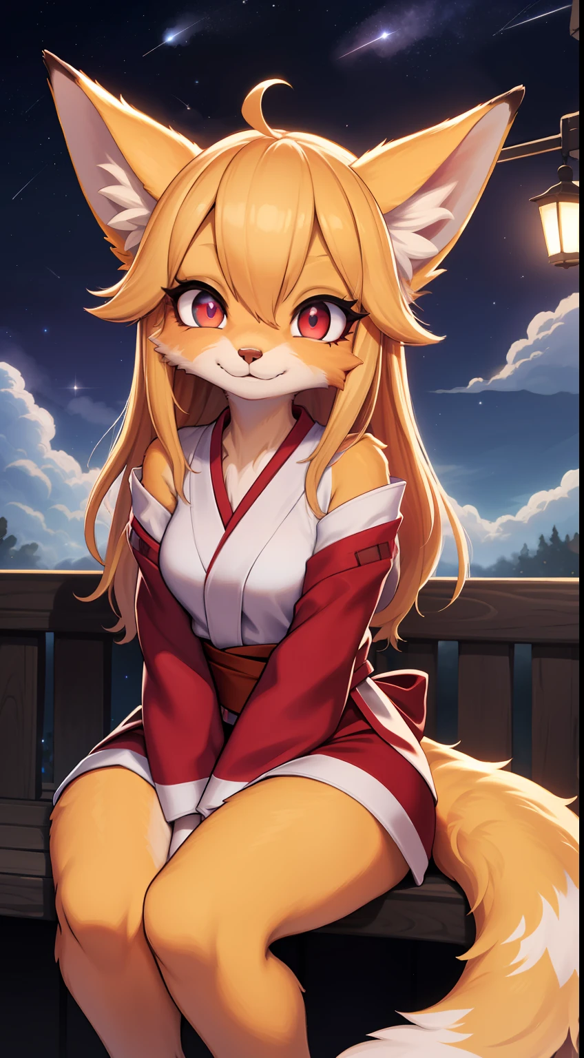 The art of Dagasi,girl fox,Longhaire,shaggy,Golden fur,Golden yellow face fur,Long blonde hair,Eyes have light,Red eyes,Super cute face,Brown elements on fur,miko,Beautiful lights and shadows,Ambient light,Ultra-fine fur,Volumetric light,night,Clouds and stars in the sky,The sky outside is starry ,shooting stars,natural day light,smiled,Fluffy tail,Color Contact Lenses , Bright pupils