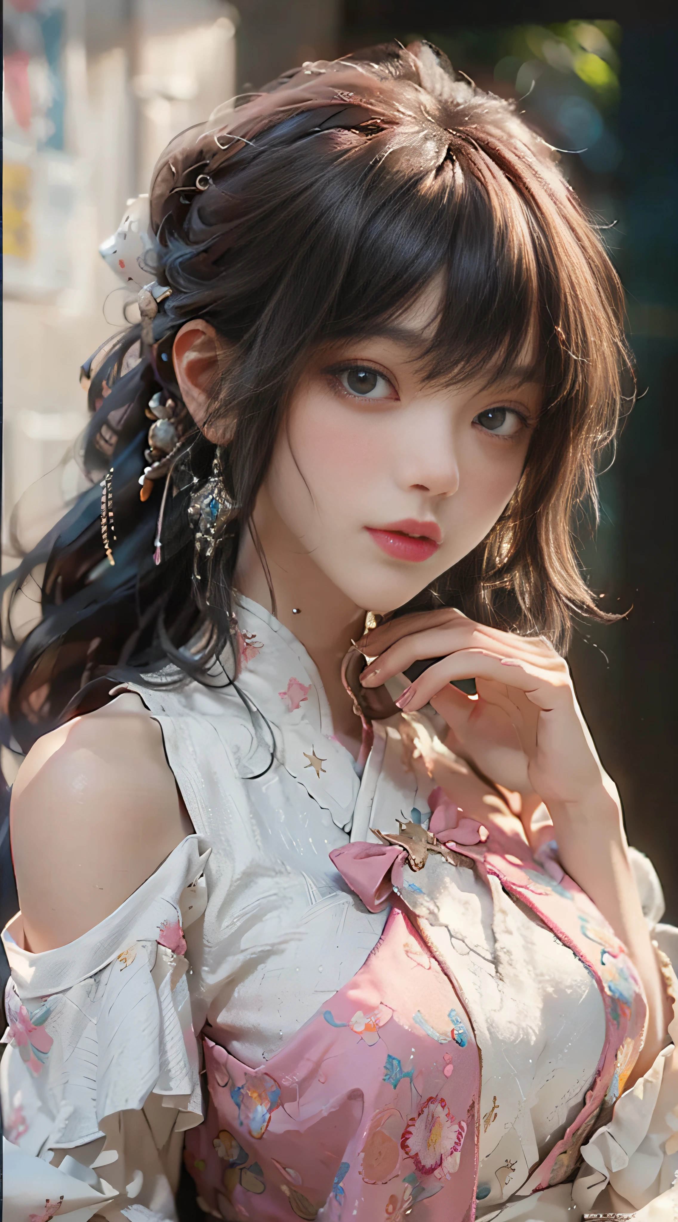 ((Best Quality)), ((Masterpiece)), (Detail: 1.4), 3D, Beautiful Cyberpunk Female Image, HDR (High Dynamic Range), Ray Tracing, NVIDIA RTX, Super Resolution, Unreal 5, Subsurface Scattering, PBR Texture, Post-Processing, Anisotropic Filtering, Depth of Field, Maximum Sharpness and Sharpness, Multi-layer Texture, Albedo and Highlight Mapping, Surface Coloring, Mitsu-Accurate Simulation of Material Interactions, Perfect Proportions, Octane Rendering, Two-color Light, Large Aperture, Low ISO, white balance, regular three-point, 8K RAW, beautiful bright pupils, off-the-shoulder clothes, fine pupils, delicate face and eyes, long eyelashes, blush, delicate and fluffy hair, pink lips, pure, cute, sweet girl, artistic sense, casual wear, high-end sense