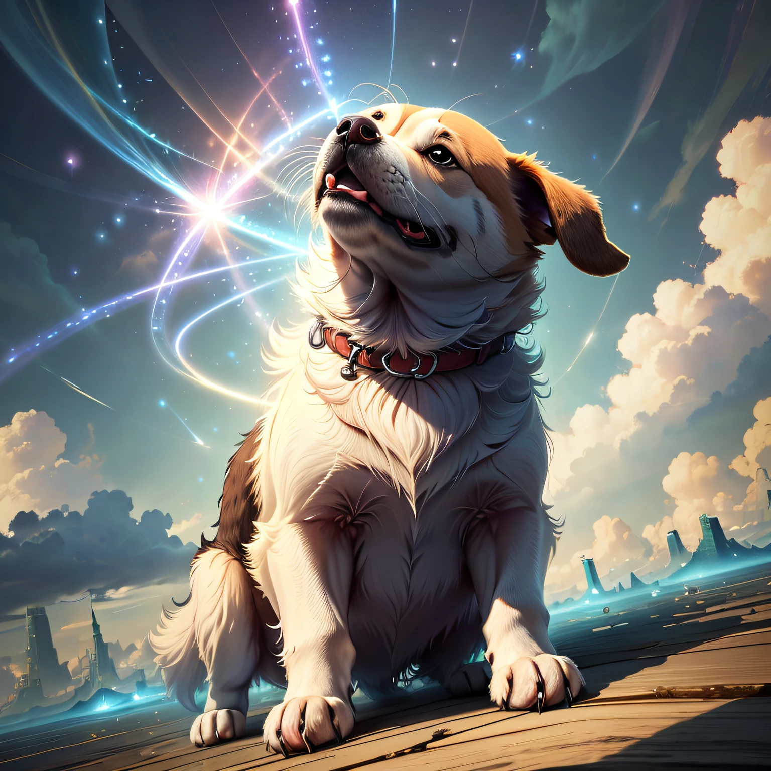 Dog looking up at the sky、Low angle