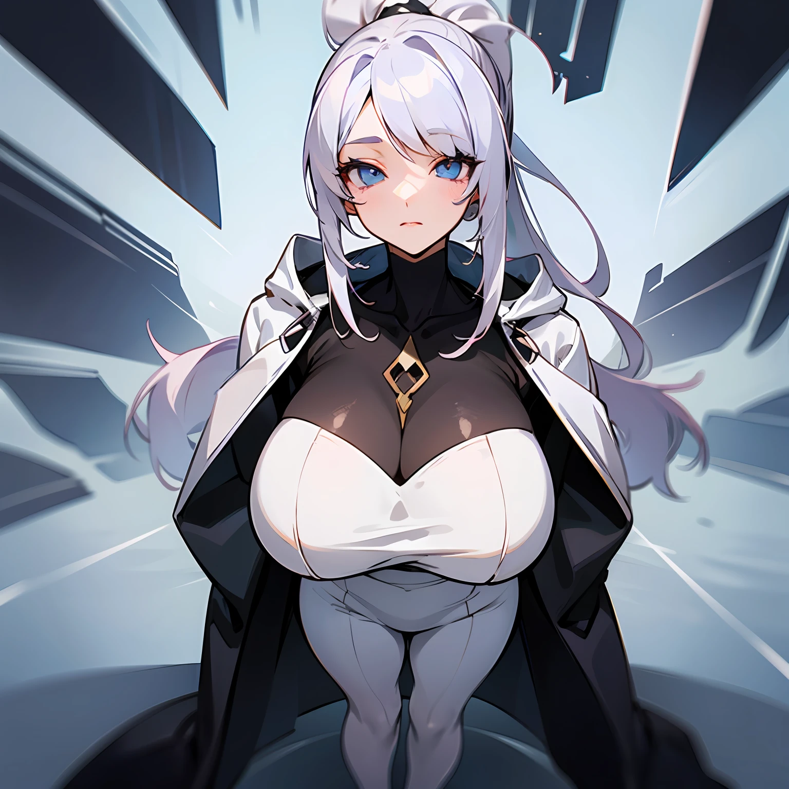 a woman,Large big tits,full body in shot,White high ponytail,Black silk,Milk hood,Anime comic style,Loving eyes, --auto