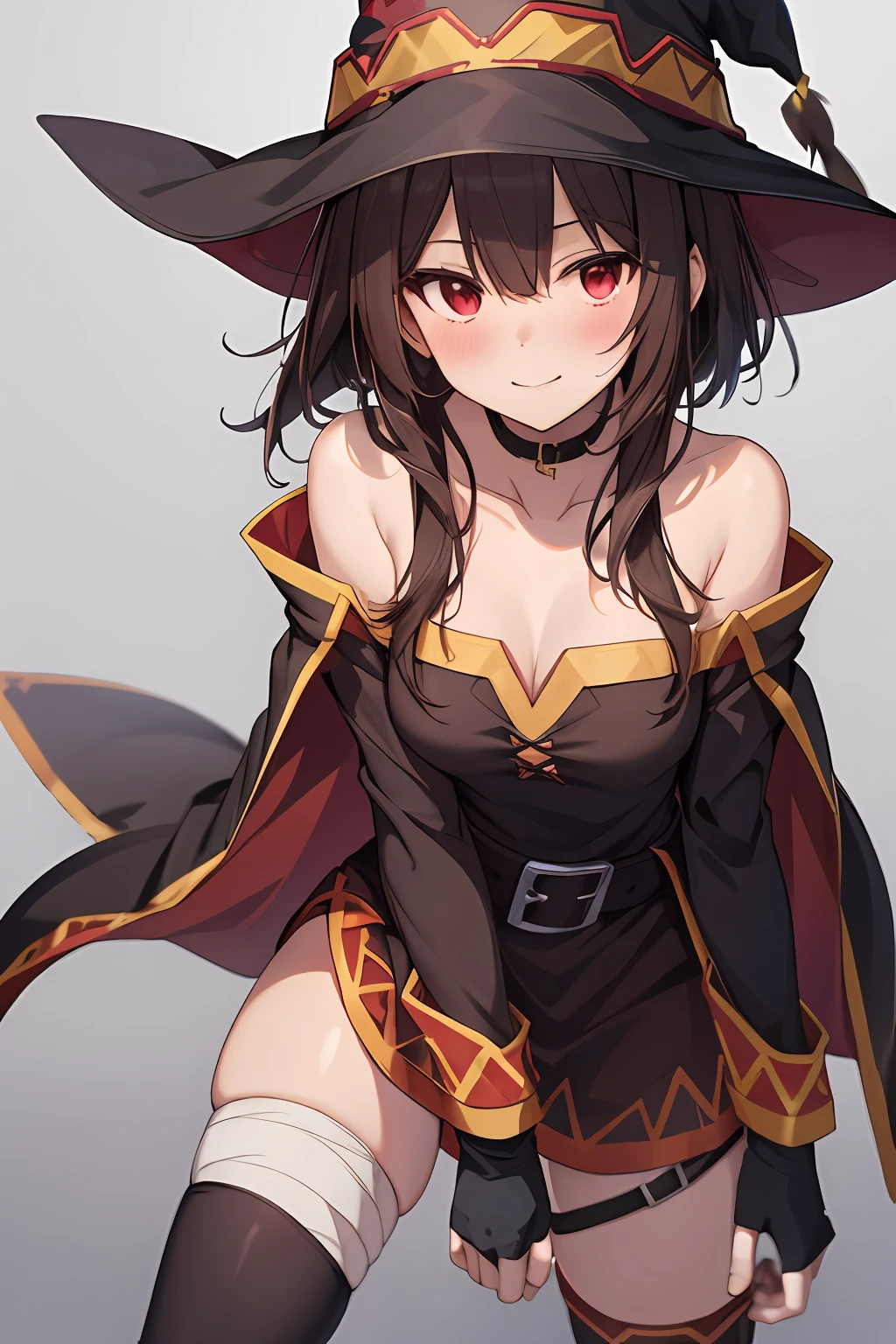 Megumin, Crazy Wizard, 1 Girl, Solo, Witch Hat, Brown Hair, Long Short Hair, Red Eyes, Blush, Evil Smile, Black Choker, Clavicle, Flat Chest, Off-Shoulder Dress, Red Dress, Brown Cloak, Long Sleeves, Black Gloves, Fingerless Gloves, Brown Belt, Gold Trim, (Asymmetrical legs: 1.4), unmatched legwear, (bandaged legs: 1.3), black thighs, (arms behind the back: 1.3), simple background, high quality, high resolution. ((outdoors))