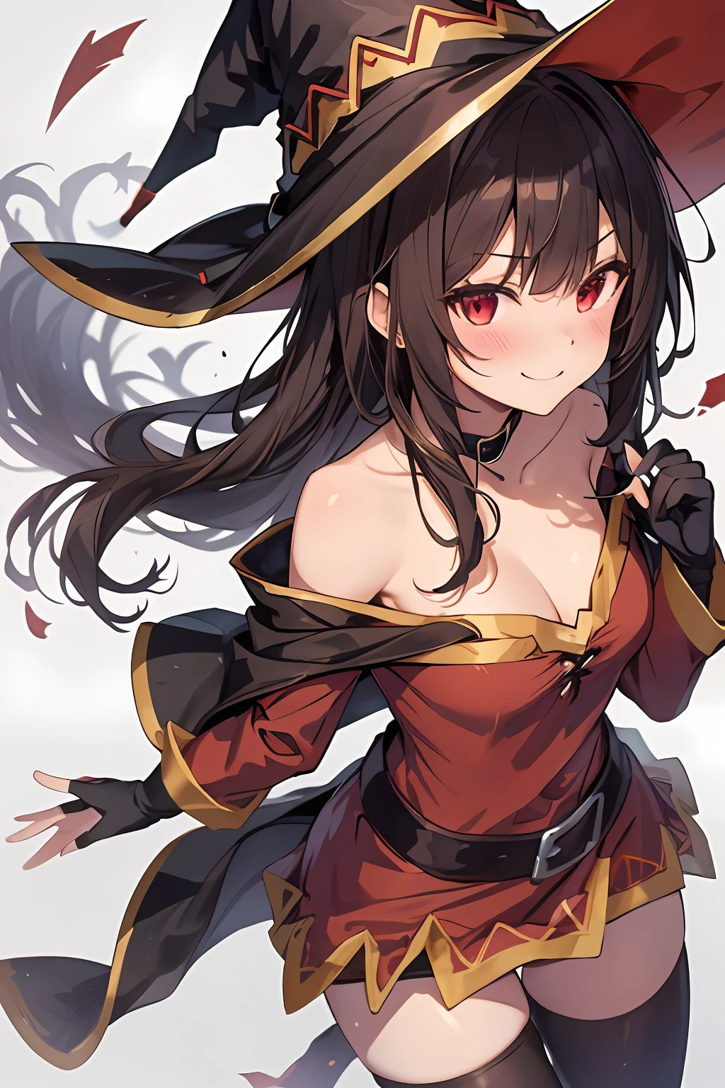 Megumin, Crazy Wizard, 1 Girl, Solo, Witch Hat, Brown Hair, Long Short Hair, Red Eyes, Blush, Evil Smile, Black Choker, Clavicle, Flat Chest, Off-Shoulder Dress, Red Dress, Brown Cloak, Long Sleeves, Black Gloves, Fingerless Gloves, Brown Belt, Gold Trim, (Asymmetrical legs: 1.4), unmatched legwear, (bandaged legs: 1.3), black thighs, (arms behind the back: 1.3), simple background, high quality, high resolution. ((outdoors))