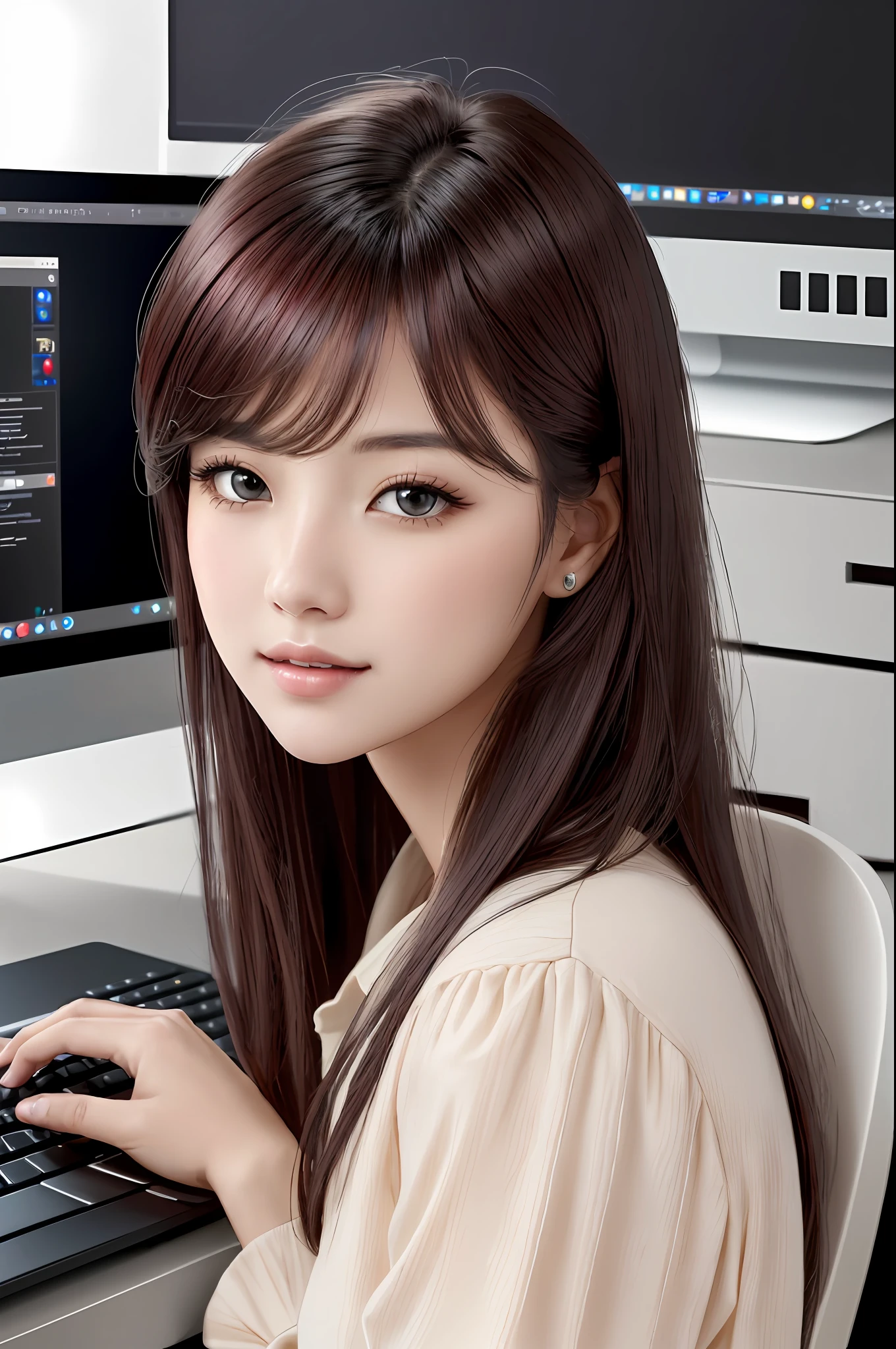 Absurdres, 1girls, star eye, blush, (Realistic:1.5), (master-piece, Extremely detail CG unity 8k wallpaper, maximum quality, high-res:1.2), (ultra_detailed, UHD:1.2), (pixiv:1.3), Perfect Illumination, Distinct, (Babe:1.2), viewer, Unreal Engine, Sidelighting, perfect face, Detailed face, Beautiful eyes, pretty face, (light skin:1.3), idol, ulzzang-6500-v1.1, A gentle smile, (Black redhead), (Simple Background), ((Dark background)), (depth of field), I'm working at a desk with a laptop. desk, monitor, keyboard, notebook.