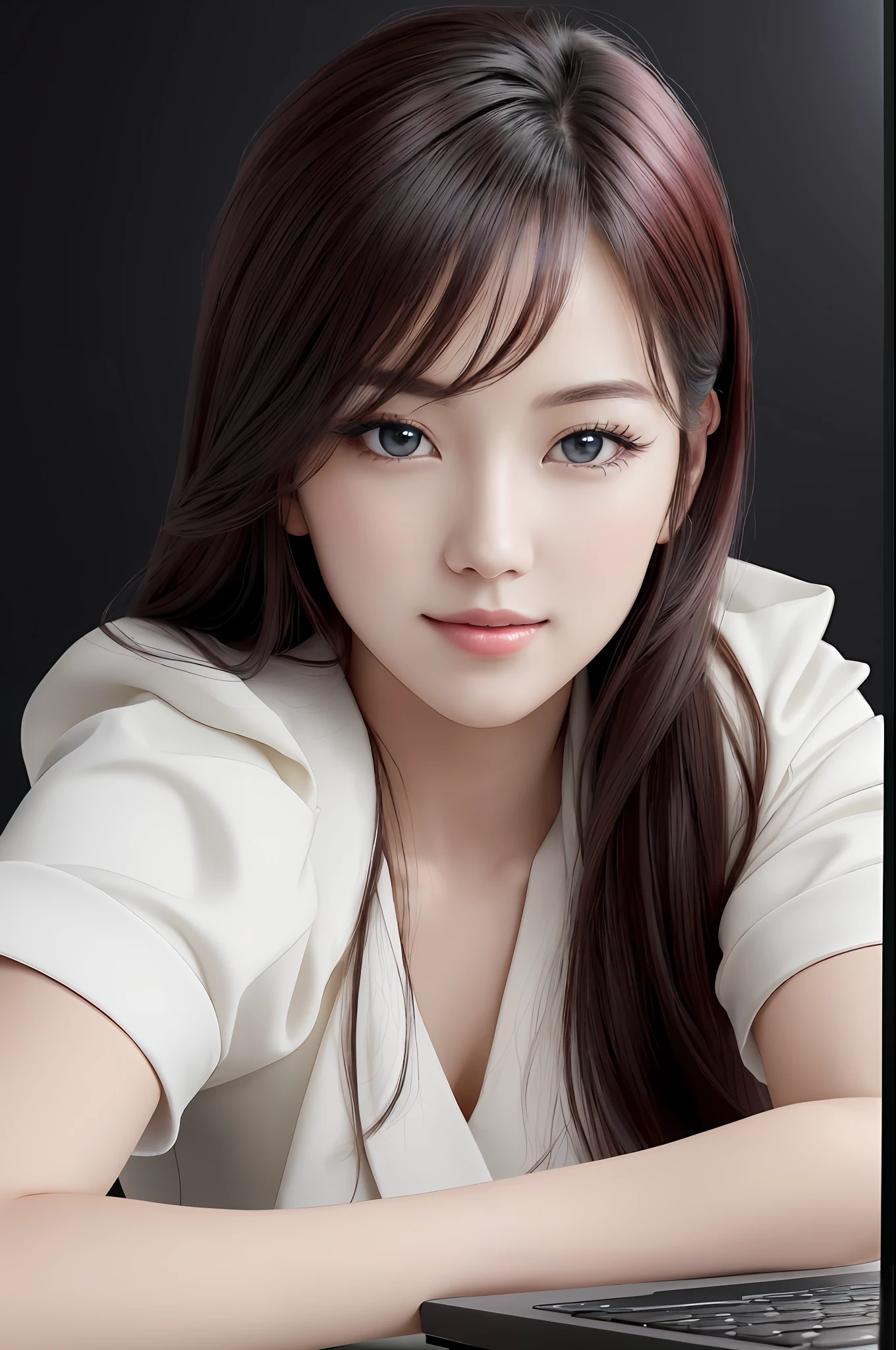 Absurdres, 1girls, star eye, blush, (Realistic:1.5), (master-piece, Extremely detail CG unity 8k wallpaper, maximum quality, high-res:1.2), (ultra_detailed, UHD:1.2), (pixiv:1.3), Perfect Illumination, Distinct, (Babe:1.2), viewer, Unreal Engine, Sidelighting, perfect face, Detailed face, Beautiful eyes, pretty face, (light skin:1.3), idol, ulzzang-6500-v1.1, A gentle smile, (Black redhead), (Simple Background), ((Dark background)), (depth of field), I'm working at a desk with a laptop. desk, monitor, keyboard, notebook.
