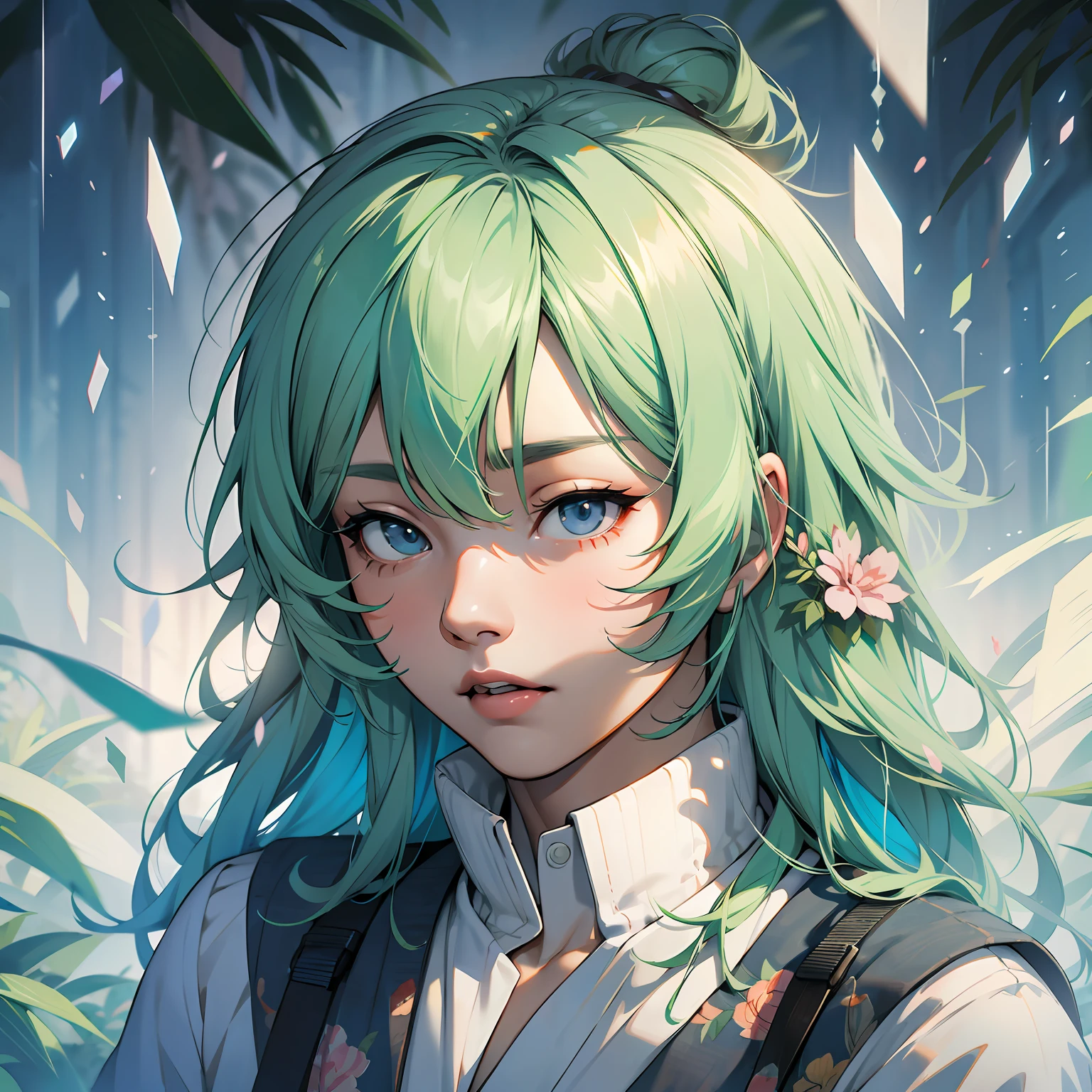 (best quality),(masterpiece:1.2), (colorful:0.9), (ink splashing),(color splashing),((watercolor)), clear sharp focus,
(portrait goddess of spring:1.5), cute expression,elegant green colored haircut, beautyfull detailed face and eyes, elegant goddess clothing, spring forest background,
colorwater --auto