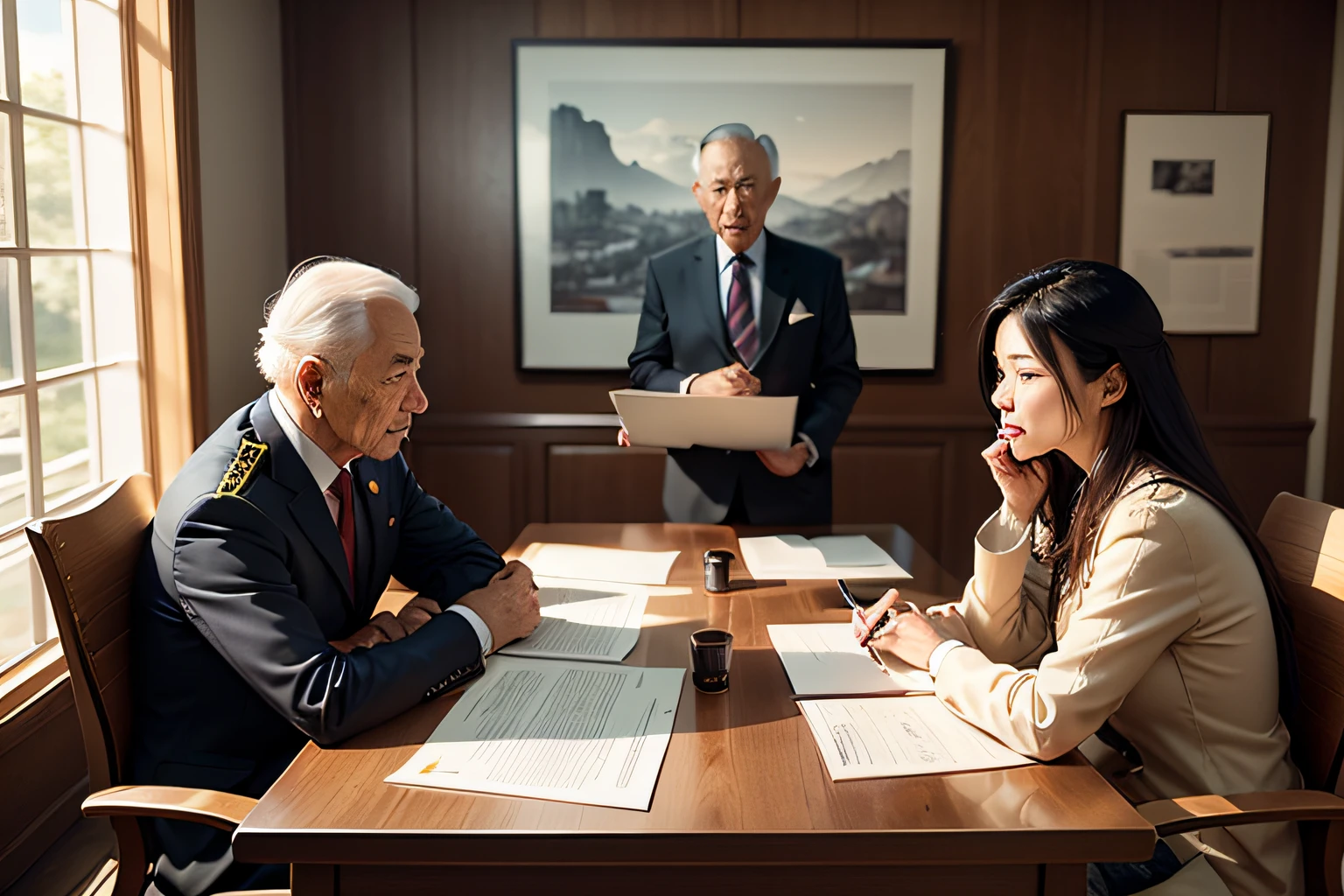 In a quaint courtyard,A traditional official meeting room comes into view。A banner reading "Integrity" hangs on the porch of the conference room,The theme of incorruptibility is revealed。Interior of the meeting room,A simple and solemn official sat in the chairmanship,His face was solemn,Wearing a Chinese-style official uniform,Wear red flowers,Holding an antique pen and ink in his hand。He sat at a compact and neat conference table,There was a group of officials sitting around,They looked dignified,The expression is solemn。
In the corner of the meeting room is a beautiful cultural plaque,It depicts the pattern of honesty and integrity in traditional Chinese culture,As shown in the dragon diagram、Phoenix dance, etc,Highlight Chinese characteristics。On the pedestal are the works of calligraphers,Propagate the values of building a clean and honest government and maintaining a clean and upright atmosphere。
The walls of the conference room are covered with portraits of ancient statesmen and incorruptible officials,Expressing inheritance and respect for the tradition of corruption。The characters in the portrait are bold and upright,With their noble character and outstanding talent, they set an example for future generations。
The light coming through the windows illuminates the courtyard。There is a small bridge in the courtyard,Across a clear stream,The stream is lined with lush flowers and plants,Meandering。An elderly couple sat by the bridge,They wore ancient Han clothes,Hand in hand,Smiling,It symbolizes the harmony and integrity of the family。 --auto