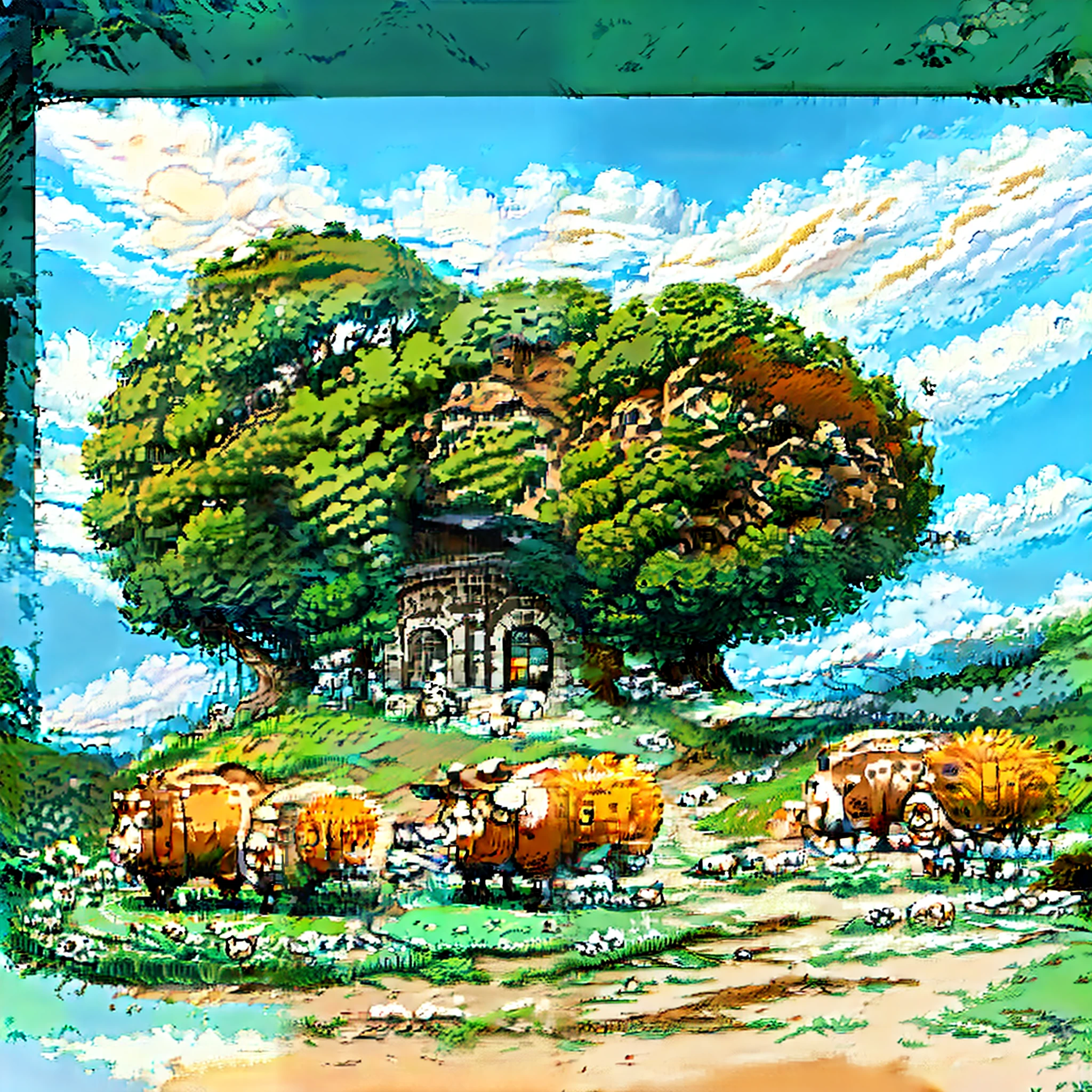 There is a herd of cattle and sheep on the grass under the blue sky and white clouds