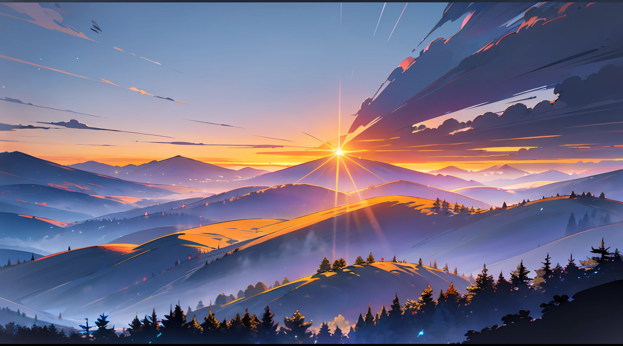 The sun is setting, the distant mountains are layered, and the sunset is full of sky