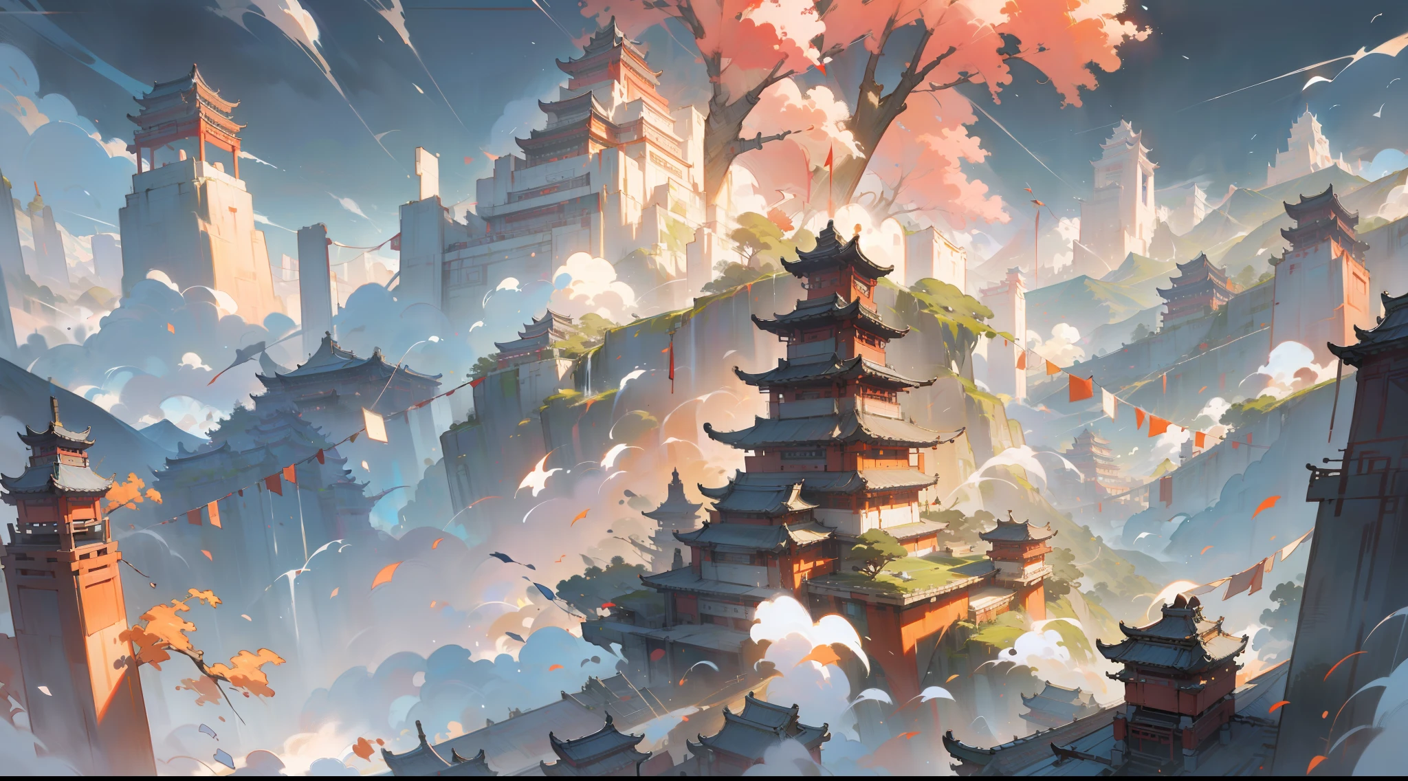 Chinese temple in the sky with cloudy sky，Inspired art in fantasy style，mountain scape，32k uhd，Himalayan art，I can't believe how beautiful this is，Action painting，precisionism