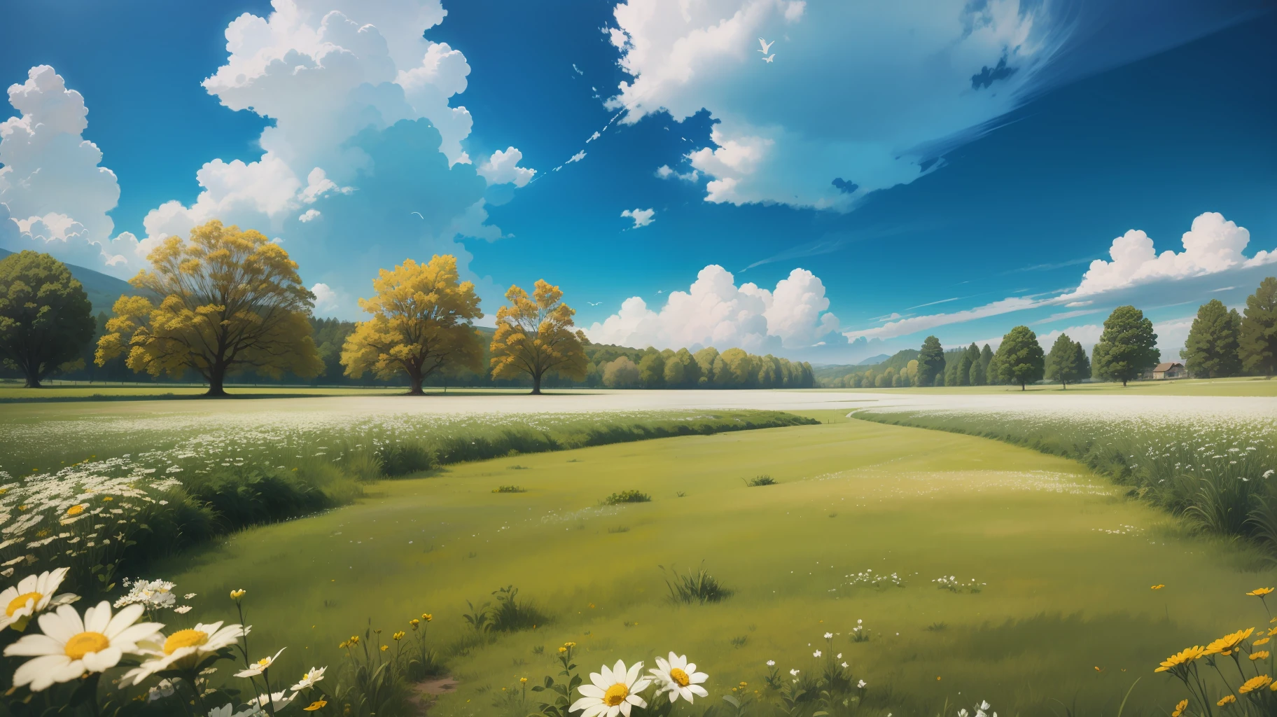Meadows under blue sky and white clouds