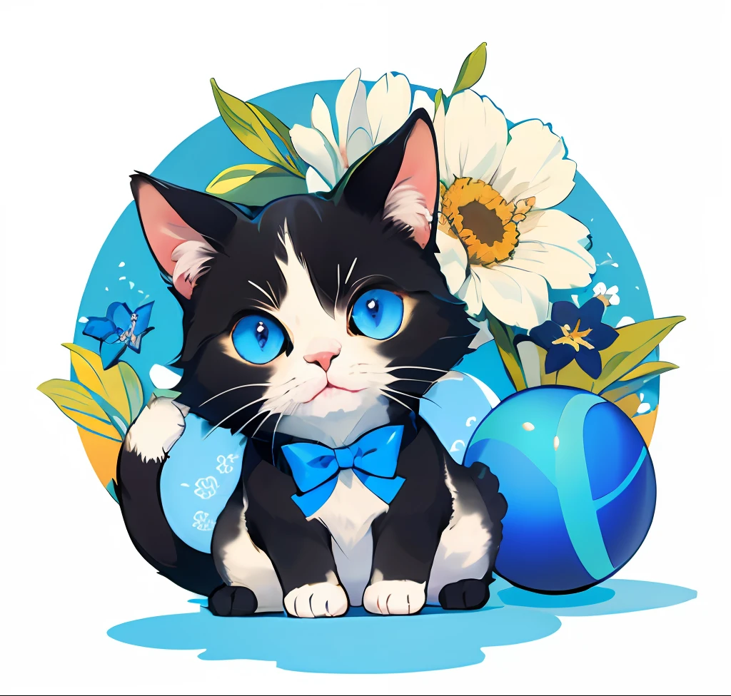 Cute flower cat,Big blue eyes,Bow,Colored balls。