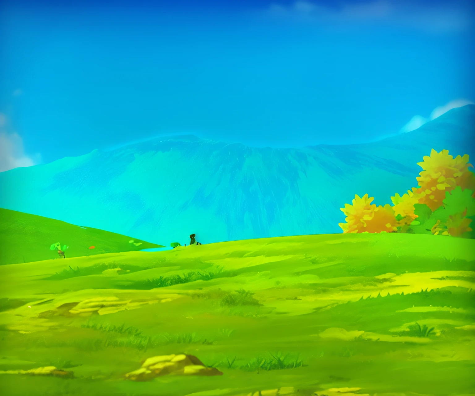 cartoon scene of a green field with a lone horse in the distance, background artwork, arte de fundo, mobile game background, distant village background, game background, 2 d game art background, 2d game background, Landscape background, random background scene, hills in the background, grassy hills, field background, sky forest background, gigantic landscape!, art station landscape, videogame background --auto