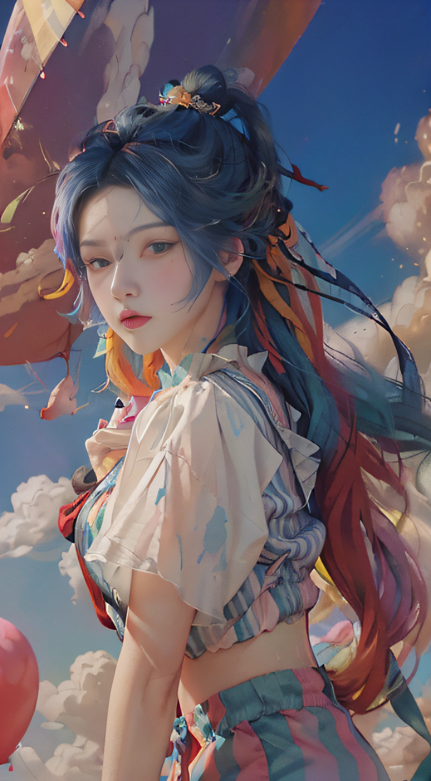 ((beautiful detailed face)), ((colored hair)), ((striped hair)), ((flowing hair)), ((windy)), (gradient eyes), (((colored eyes))), (white cloud background))), ((high saturation))), ((surrounded by colored paint)))((chest reduction))(((bust photo))), ((shorts)), ((colored clouds)), ((balloons), ((umbrella)),