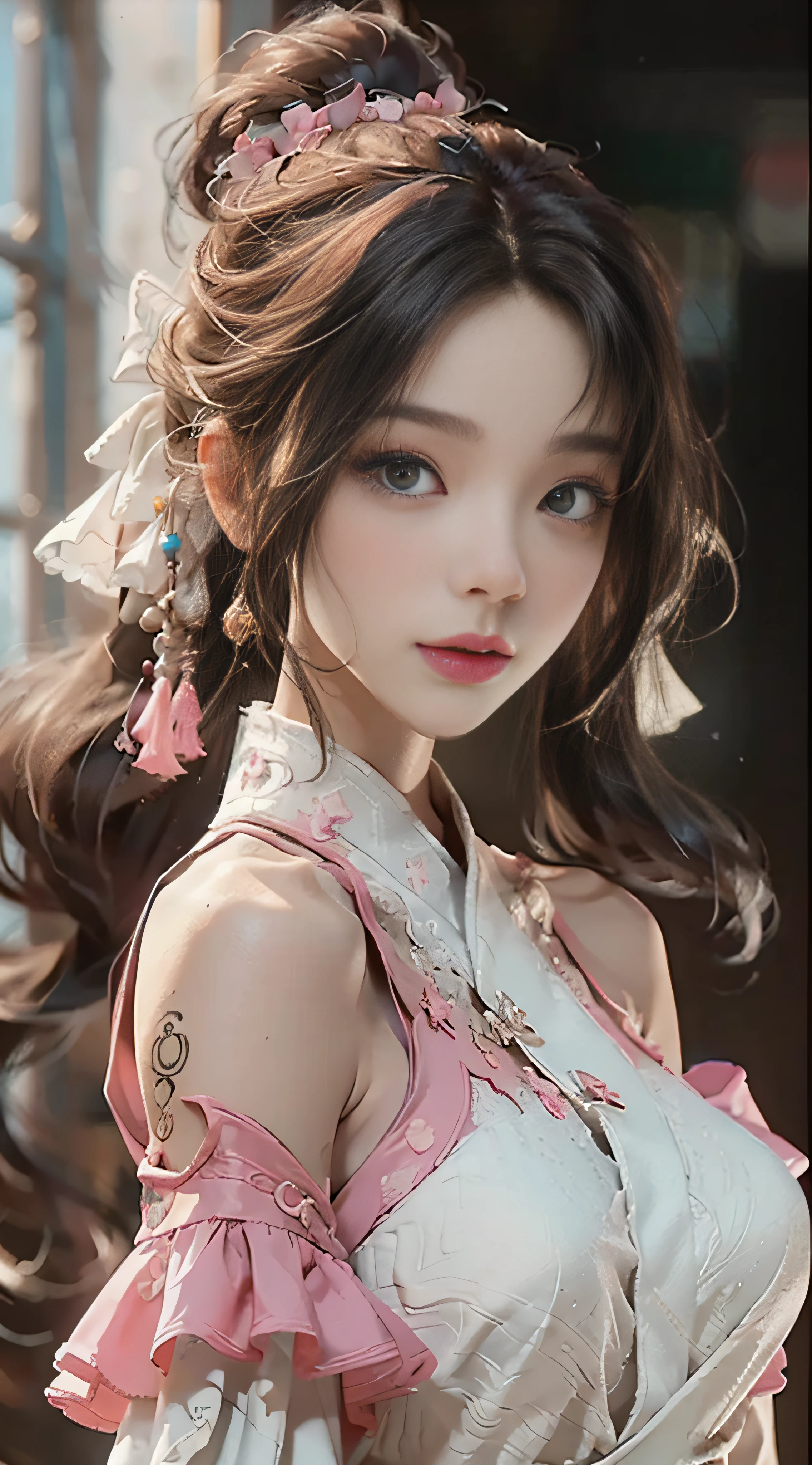 （（best qulity））， （（The Masterpiece））， （detail：1.4）， 3D， Beautiful cyberpunk female images，HDR（High dynamic range），light tracing，NVIDIA RTX，The ultra-Resolution，Unreal 5，sub-surface Scattering，PBR textures，Postprocess，Anisotropic filtration，deep of field，Maximum clarity and clarity，Multilayer Texture，Albedo e mapas Speculares，Surface Coloring，Mitsu-Accurate simulation of material interactions，perfectly proportioned，octane rendered，Two-colored light，Large aperture，Low ISO，White balance，Rule three points、8K RAW、beautiful bright pupils，Off-the-shoulder clothing，Fine pupils，Delicate face and eyes，long eyelash，Blushlush，Delicate and fluffy hair，Pink lips，Pure，Lovely，Sweet girl，Artistic sense，Casual wear，Premium Sense，weddingdress