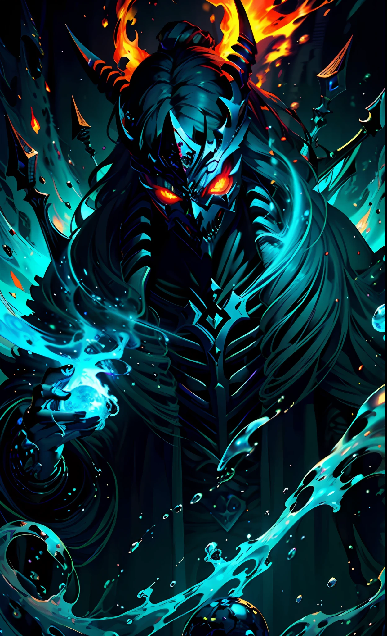 (extremely detailed CG unity 8k wallpaper, masterpiece, best quality, ultra-detailed), (Heaven: 0.6 + Hell + Ghost: 1.2 + Hades: 1.5+ Underworld: 1.4), King of Yan, Throne, Crown, Green Clothes, Mask, Dill Red Light, Flames, Underworld Background, HD Sharp, Extremely Realistic.