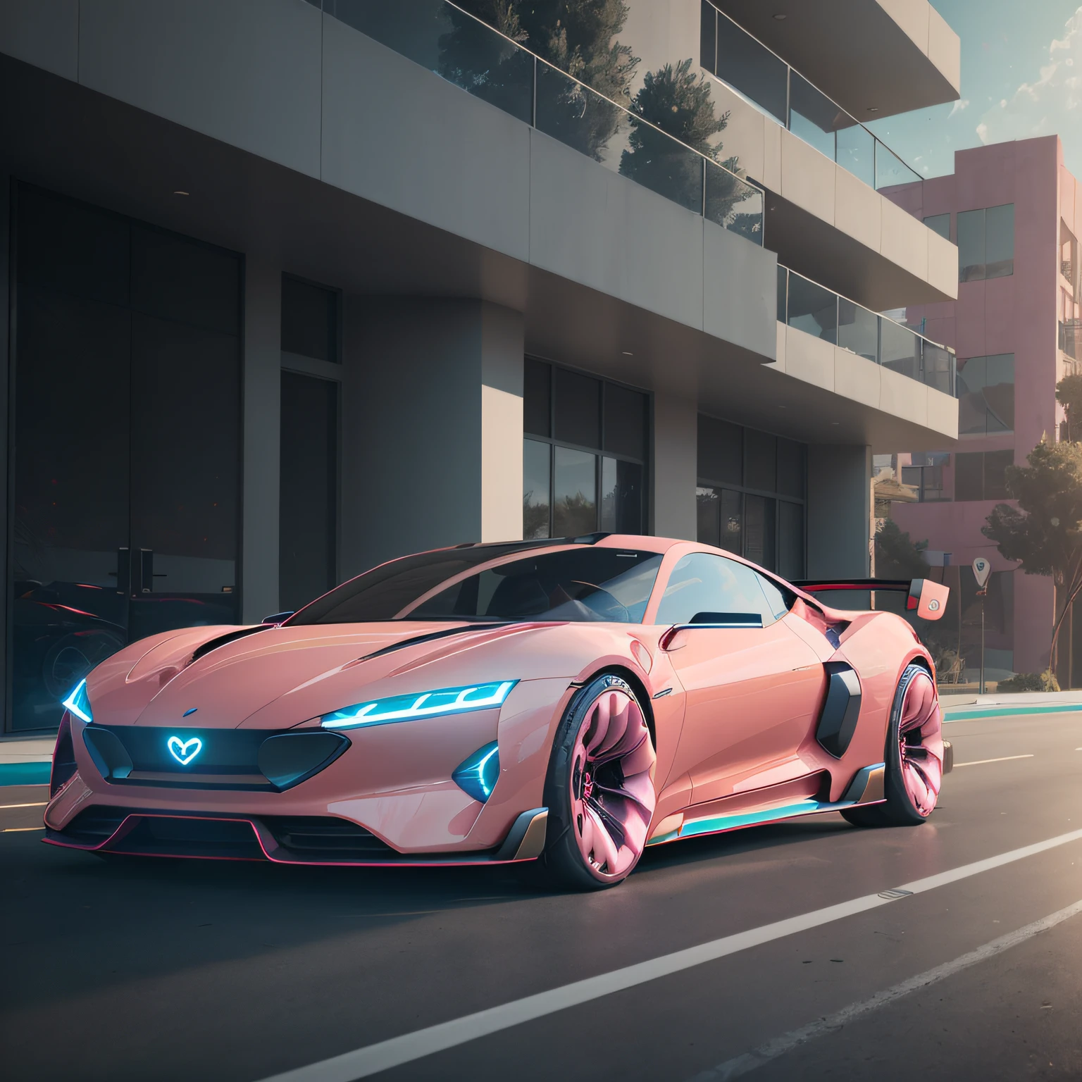 An electric sports concept sports car driving on a desert road,Ahead,pink color,innovation,originality,Modern art,Light pink metallic,deep of field,midday,animated,cinematic pinterest style,4K3D rendering,Valentine's Day limited,highly detail,unrealengine,Realistic surrealist concept art,futurism,Heart logo,Cardioid grille,Top of the mountains,Trajectory glare --auto