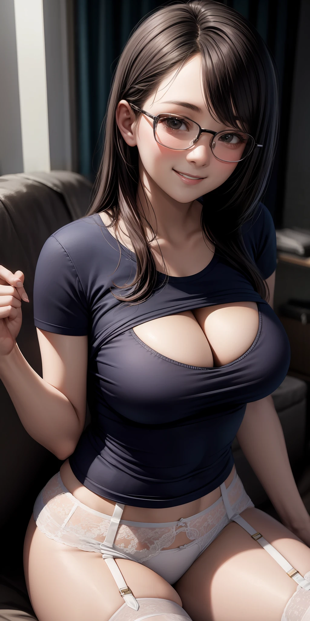 realisti、15 year old girl.T-shirt wearing,garter belts,Cleavage emphasis,Smile,Sexy arms up,Wearing glasses