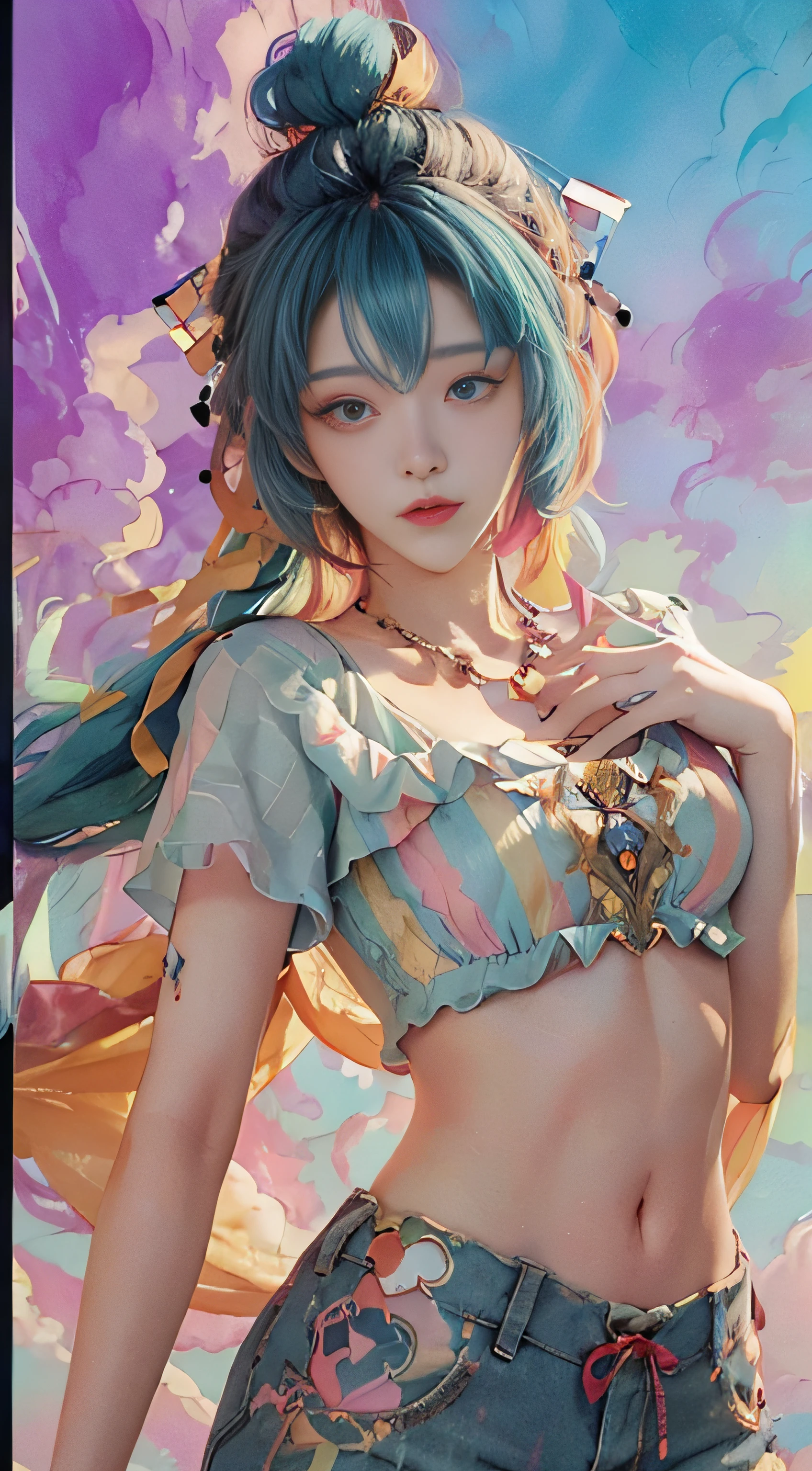 ((Beautiful detailed face)), ((colored hair)), ((Striped hair)), ((Flowing hair)), ((Gale)), (Gradient eyes), (((Colored eyes))), (White Cloud background))), (High saturation))), ((Surrounded by colored paint)))(((Chest reduction))((((Bust)))), (Shorts)), ((Colorful clouds)),