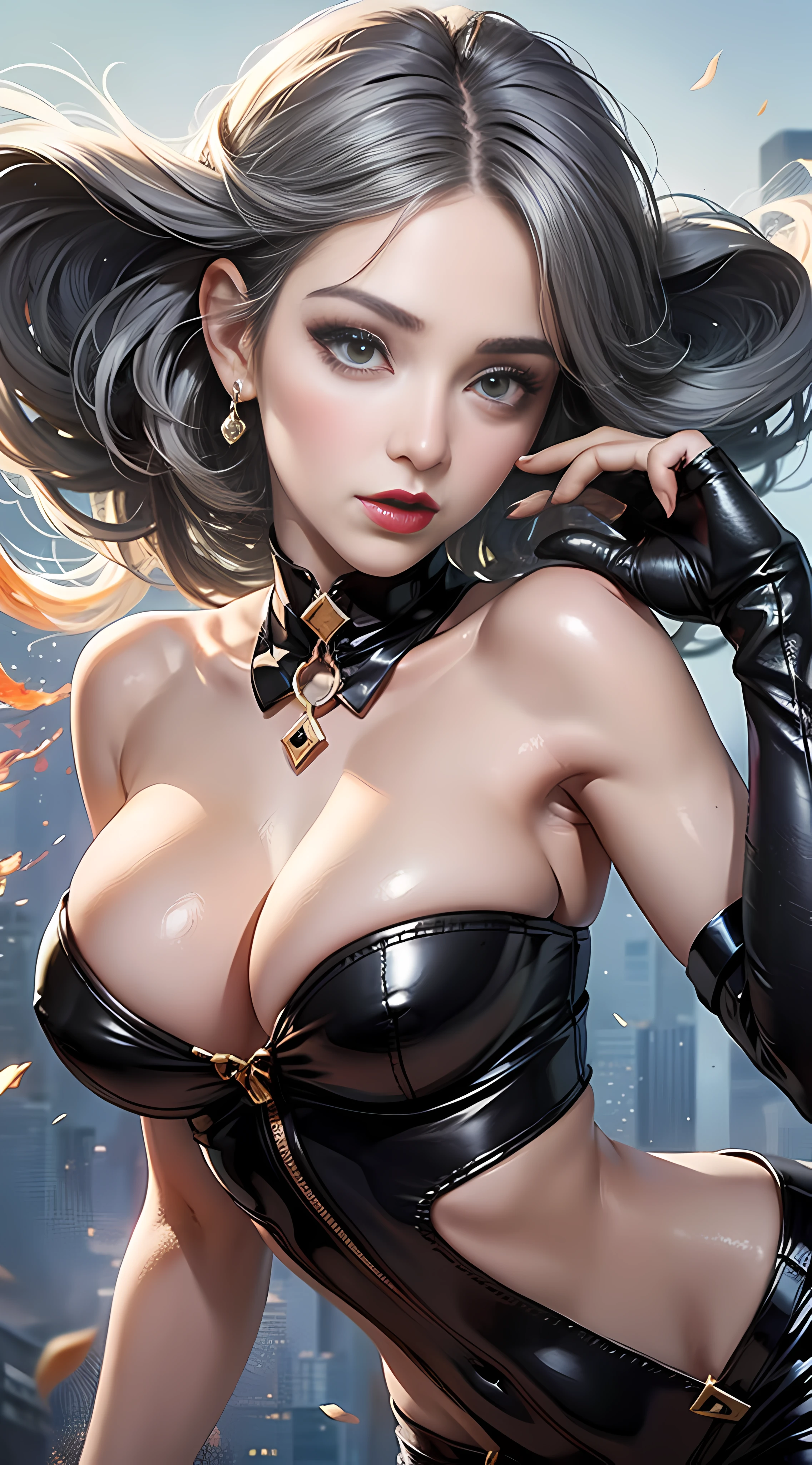 Ultra high quality,8K,gal girl,Sexy high cold,Enchanting,The head proportions are perfect,Short black and gray hair,Flaming red lips,Swan neck,the sun is shining wide shot