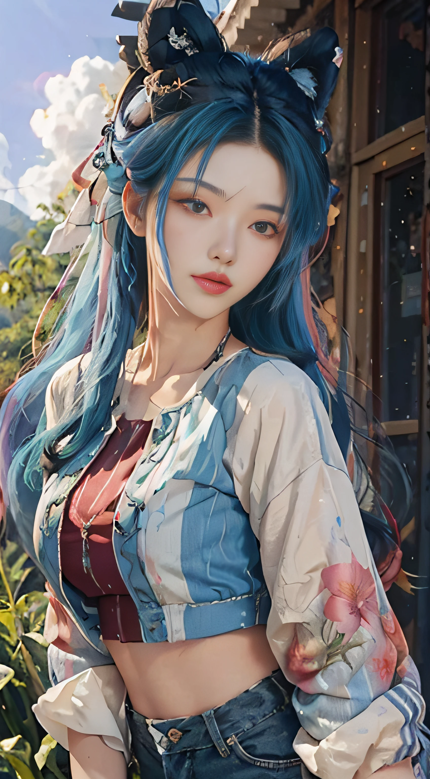 ((Beautiful detailed face)),((Colored hair)),((Striped hair)),((Flowing hair)),((Gale)),(Gradient eyes),(Colored eyes)))),(White Cloud background)))),(High saturation))),(((Surrounded by colored paint)))((Bust)))(((Bust)))), close-up of a woman in a blue jacket and shorts, she is dressed in street clothes, , There are neat rice seedlings in the field, forest, hillside, secluded, rural, HD detail, hyper-detail,