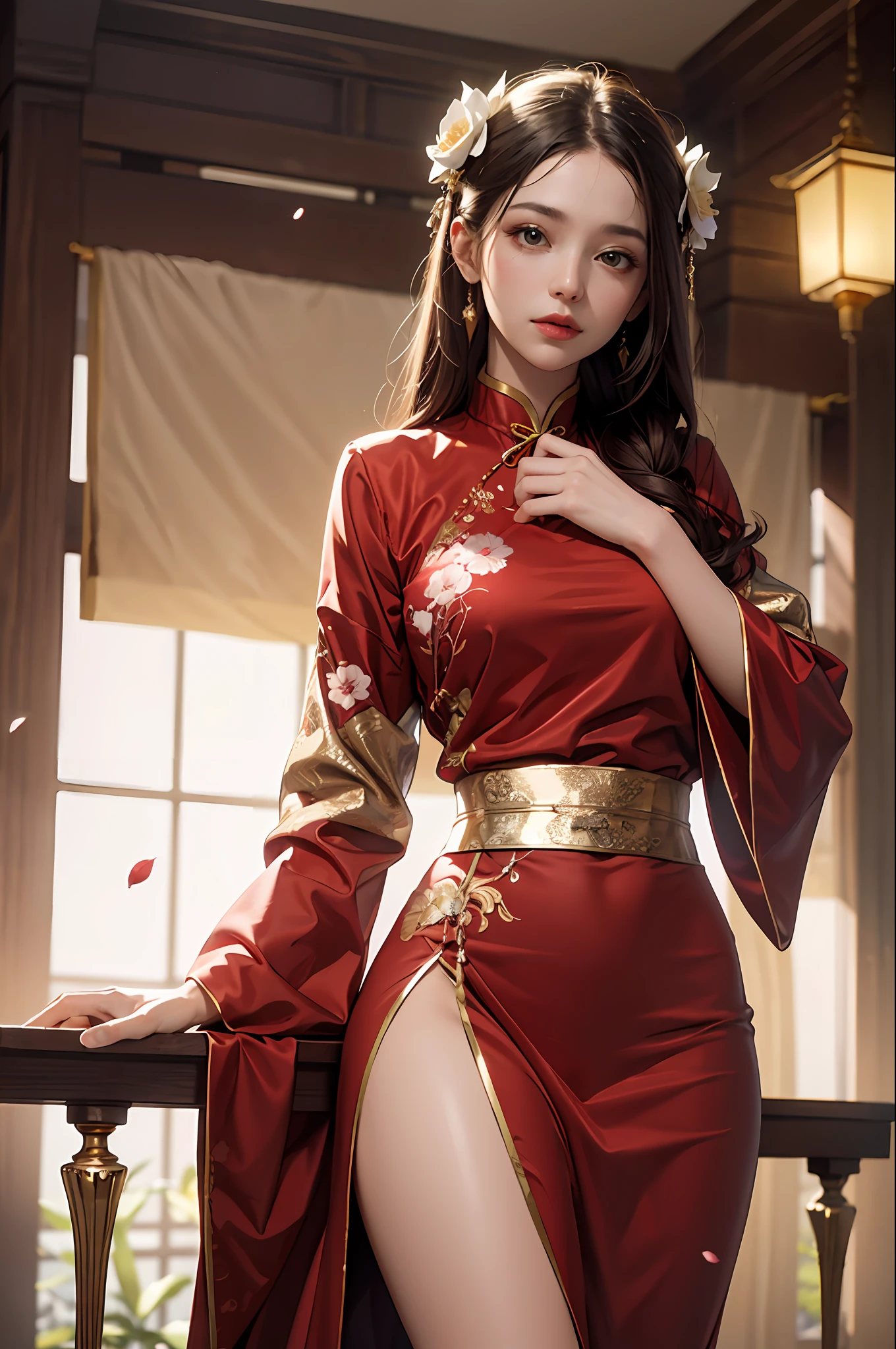 best quality, masterpiece, highres, (exquisite body:1.5),gorgeous face,(milky skin:1.3),intricate details,high resolution,wallpaper,
1girl, solo, dress, hair ornament, (((gold and red dress))), flowers, long hair, brown hair, closed mouth, jewelry, long sleeves, hand up, wide sleeves, big eyes,floating hair, chinese clothes, hanfu, embroidery, long skirt, natural pose, falling petals, indoor,fanning, lantern,
16K,HDR,highres,depth field,(film grain:1.1),boken,golden hour,(lens flare),vignette,rainbowing,(color grading:1.5)