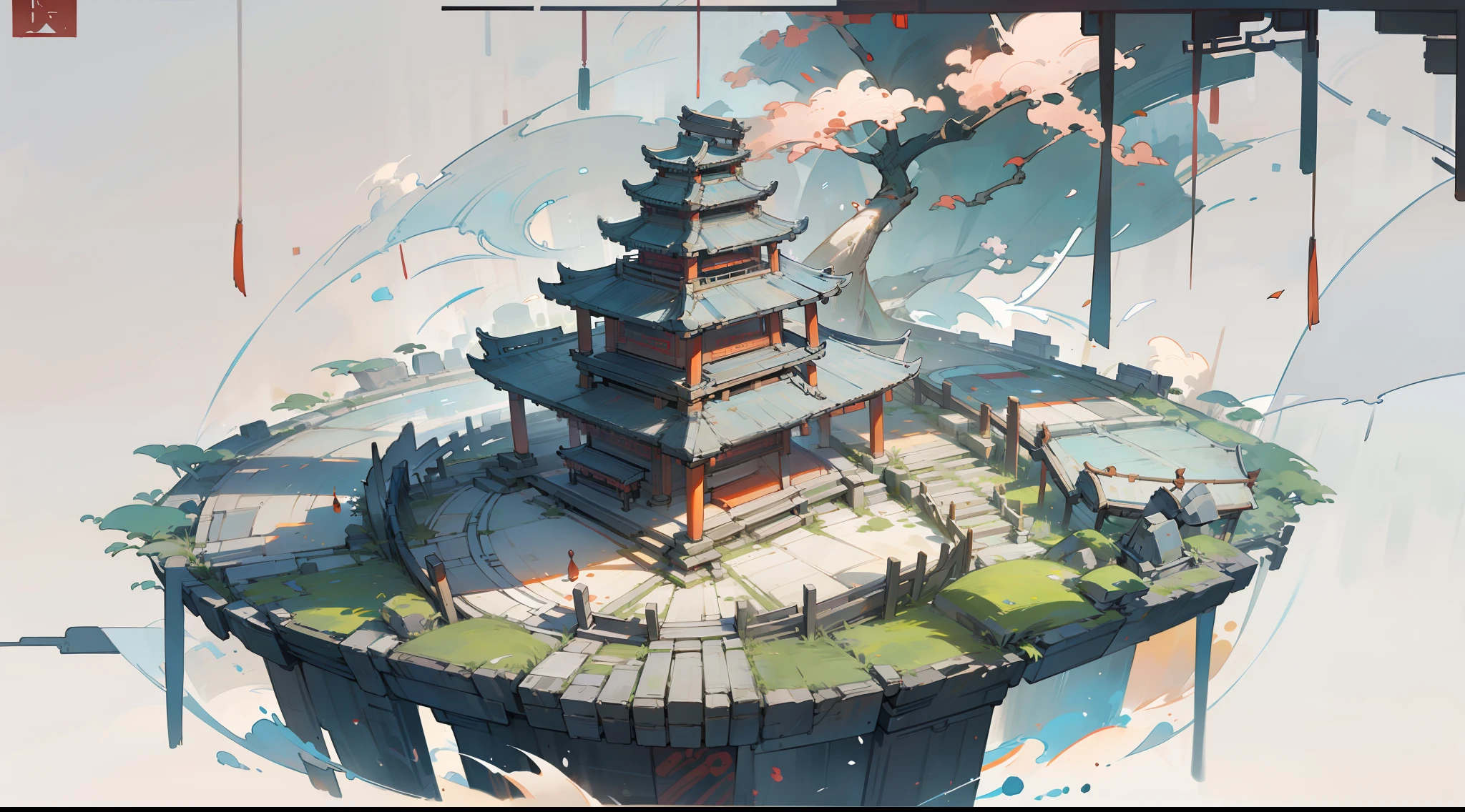 Antique game scene design，Chinese ink painting high angle view OC rendering sculpture --s 750 --niji 5