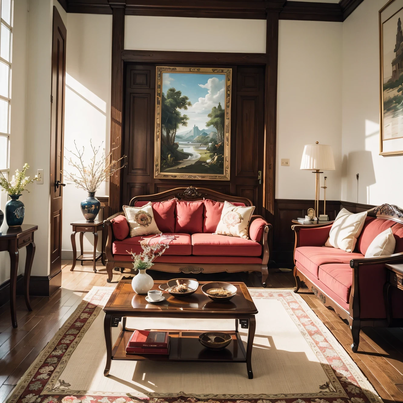 In this new Chinese style living room,On one side of the wall hangs a traditional landscape painting,Creates an atmosphere of tranquility and elegance。The sofa uses exquisite embroidery craftsmanship combined with gorgeous red fabrics,It shows the unique charm of oriental culture。Coffee tables and chairs are lined with exquisite ceramic vases and antique trinkets,It adds a touch of classicism。The entire space focuses on symmetry and balance,It makes you feel like you are in an ancient palace,Enjoy the perfect blend of Chinese tradition and modernity。