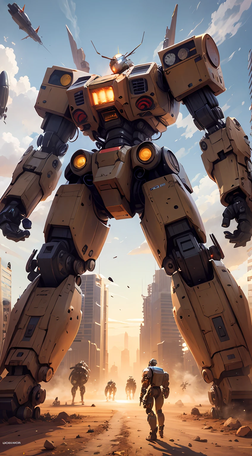 a close up of a giant robot standing in a desert, giant mech, comic book style battlemech, giant robot mech, an anime large mecha robot, battletech style, mecha art, giant anime mecha, giant mecha robot, battletech, battlemech, portrait of a mech, Full Body Mech, big mecha, mecha inspired,Mecha broken,Character zoom in,The mech crouched down