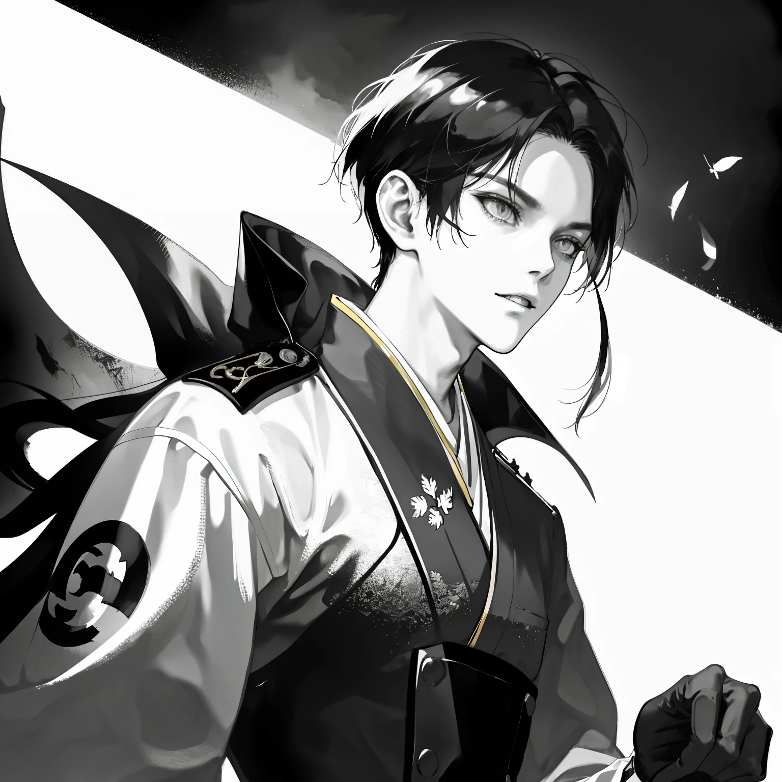 "Collaborator, resistance era, WW2, gaunt appearance, sharp features, wearing Japanese uniform, thin body, historical, betrayal, military attire, monochrome, sinister"