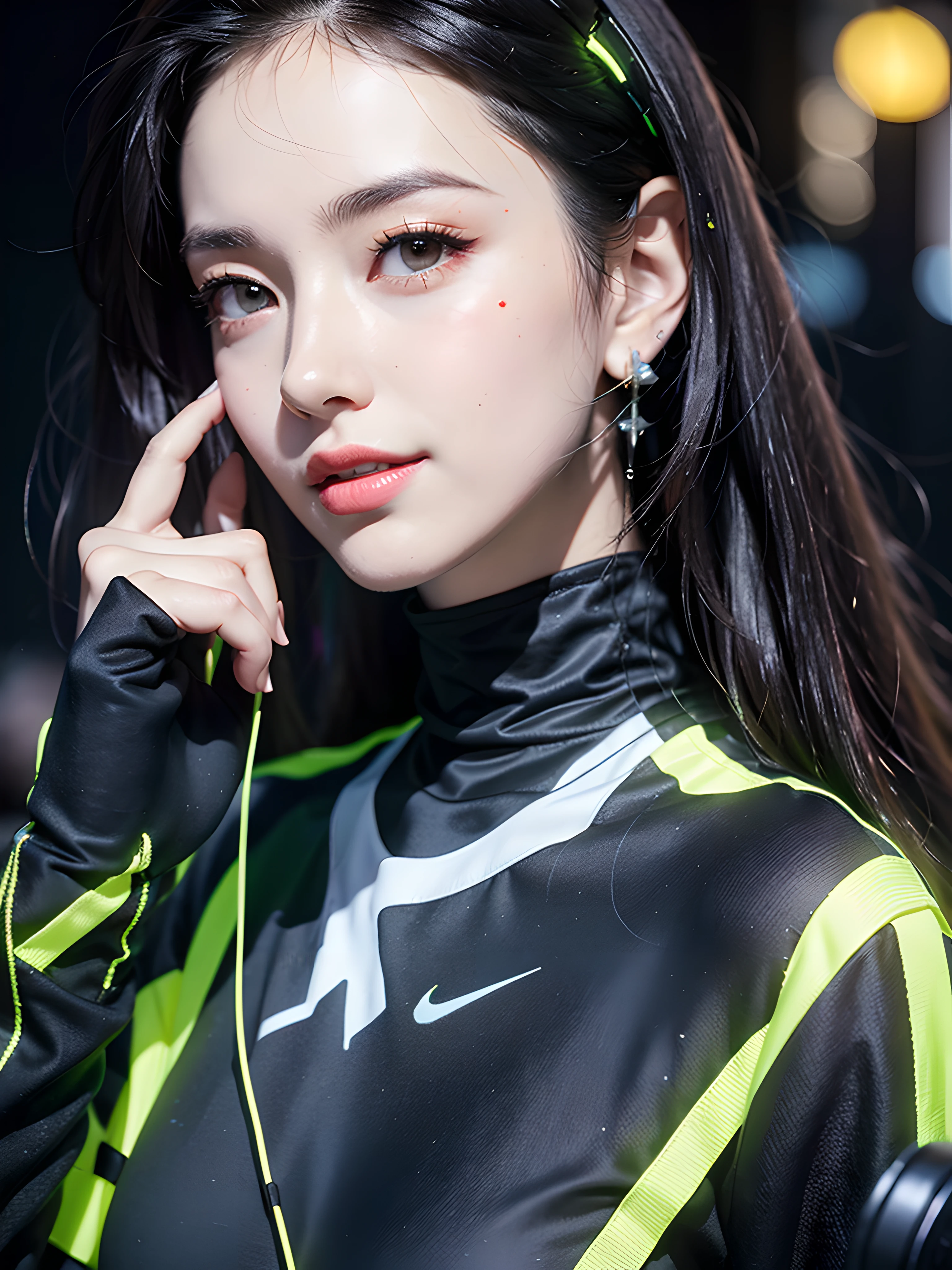 Best quality，The Masterpiece，Ultra-high resolution fills the picture，Indoor at night，Neon lights，Yellow color scheme，Rich yellow,Bumblebee's yellow color scheme，Dye hair，Yellow and black tights，Yellow and black color scheme clothing,complex backgrounds，Weight instruments in the background，High-tech screen in the background，Lateral face，Smiling，Dress less，There are fitness elements in the rear，nike，nike,nike,Tech gym，Perfect makeup，Love eyes，8K quality，Cyberpunk，sense of science and technology，Character backlighting，rim-light，Movement changes，Flowing hairstyle，Loose hairstyle,The number of fingers is refined，6 avatar diagrams，Luminous stud earrings，Luminous digital necklace，Electronic digital watches，The most beautiful girl in mankind，Delicate close-up of the face，Realistic image quality，Super light and shadow，Very good figure，Meticulous，Arrow symbol，Brand sense，English slogan neon，Runway lights，Fitness gym at night