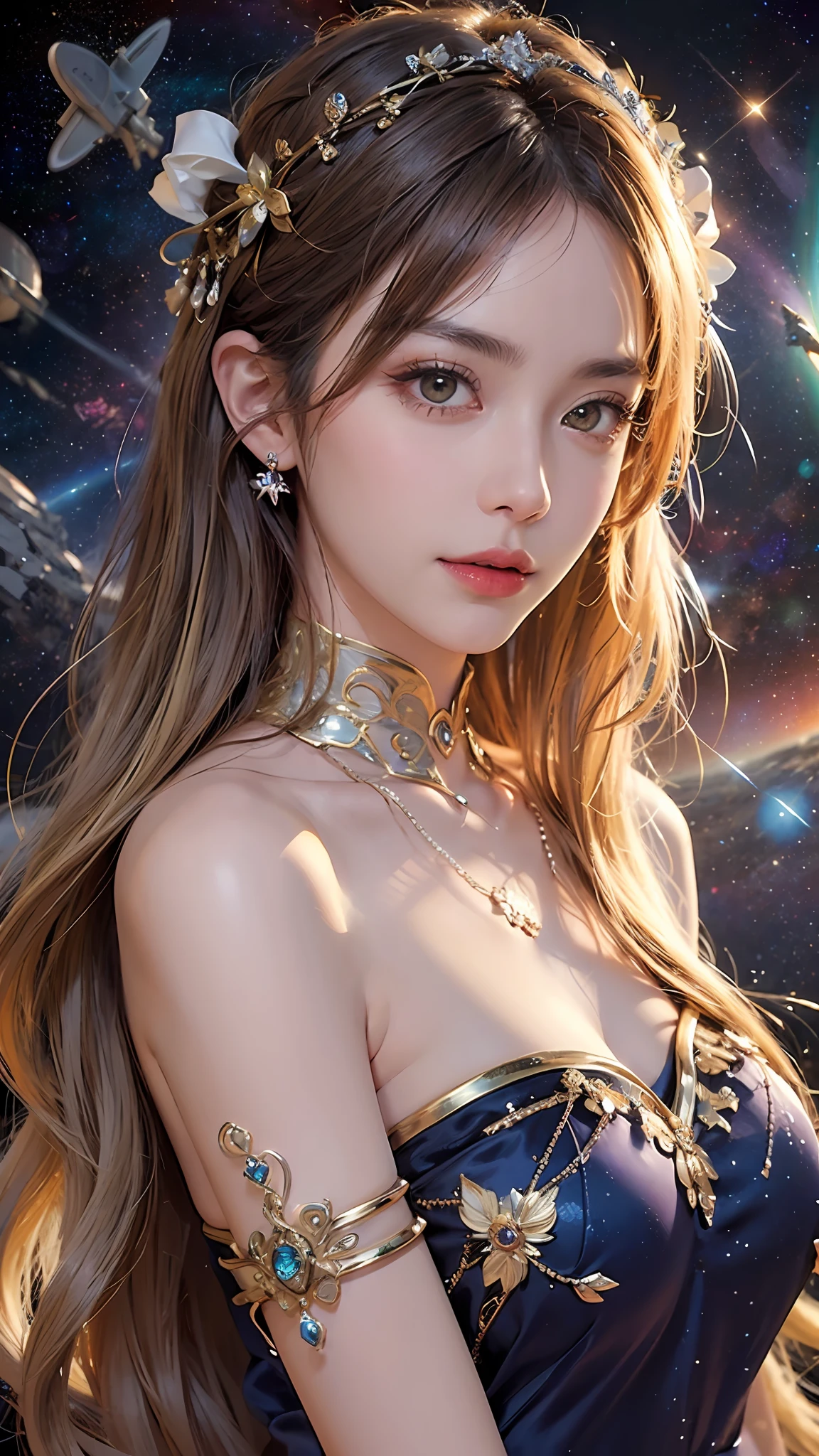 1 27-year-old girl, 1 zodiac goddess from the future, goddess of the pink and purple 12 zodiacs, the goddess of the zodiac in a yellow ao dai, a 12 zodiac ao dai with many black lace detail, mythology Goddess of the 12 zodiacs from the future, zodiac ♏, luxurious glittering zodiac style, dark and mysterious version, zodiac crown, lipstick lips red, thin and beautiful lips, don't smile, keep your mouth shut, characters made by karol bak and pino daeni, intricate detail, detailed background, extremely detailed, light magic, a woman, clear face, look at the face of goddess zodiac look at the zodiac goddess face, moderately large breasts, round breasts, Big and round breasts, hair long with bangs, beautiful face in detail and well-proportioned eyes, (transparent yellow eyes: 1.8), big round eyes and very beautiful and detailed makeup, foresight, silk dress, mysterious makeup, Bangles, double bangs and dyed light blonde, upper body, (zodiac goddess upper body: 1.9), arms hanging loosely, Realistic and vivid photo, (stars make up the zodiac: 1.7), (sky background zodiac and fictitious space and time portal: 1.8), fiction art, RAW photo, hanfu picture, best photo, high_res, best quality, best photo quality, 8k quality, 8k ultra, super realistic, real photo most economical, artistic portrait of goddess zodiac, 1 symbol of 12 zodiac signs on the back, single portrait of 1 zodiac goddess, The most realistic color scheme, the best photo color, masterpiece, hair ornament, necklace, jewelry, Beautiful face, upon body, tyndall effect, photo realistic, dark studio, rim lighting, two tone lighting, (high detailed skin:1.2), 8k uhd, dslr, soft lighting, high quality, volumetric lighting, candid, Photograph, high resolution, 4k, 8k quality, Bokeh, Smooth and sharp, increase the pixel by 10x, Charming zodiac goddess, sexy zodiac goddess, (background space:1.8), (galaxy: 1.7), aurora, lightning, (Auroral Background: 1.8) <lora:locon_perfecteyes_v1_from_v1_