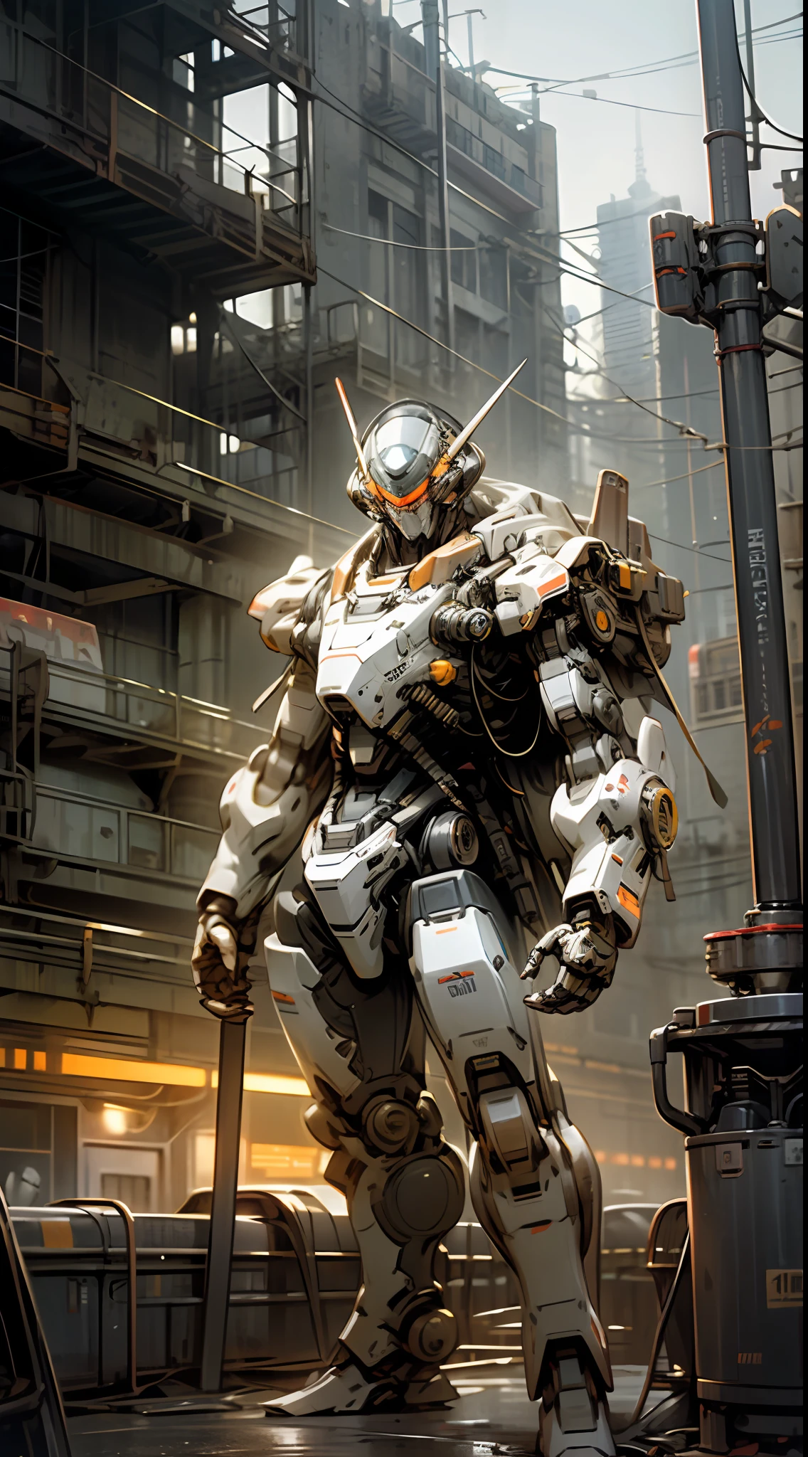 On the moon,barren planets, ruins, holding_weapon, no_humans, glowing, robot, building, glowing_eyes,orange mecha, science_fiction, city, realistic,mecha,Milky Way Galaxy background,neon,cyberpunk,steampunk chrome white black --auto