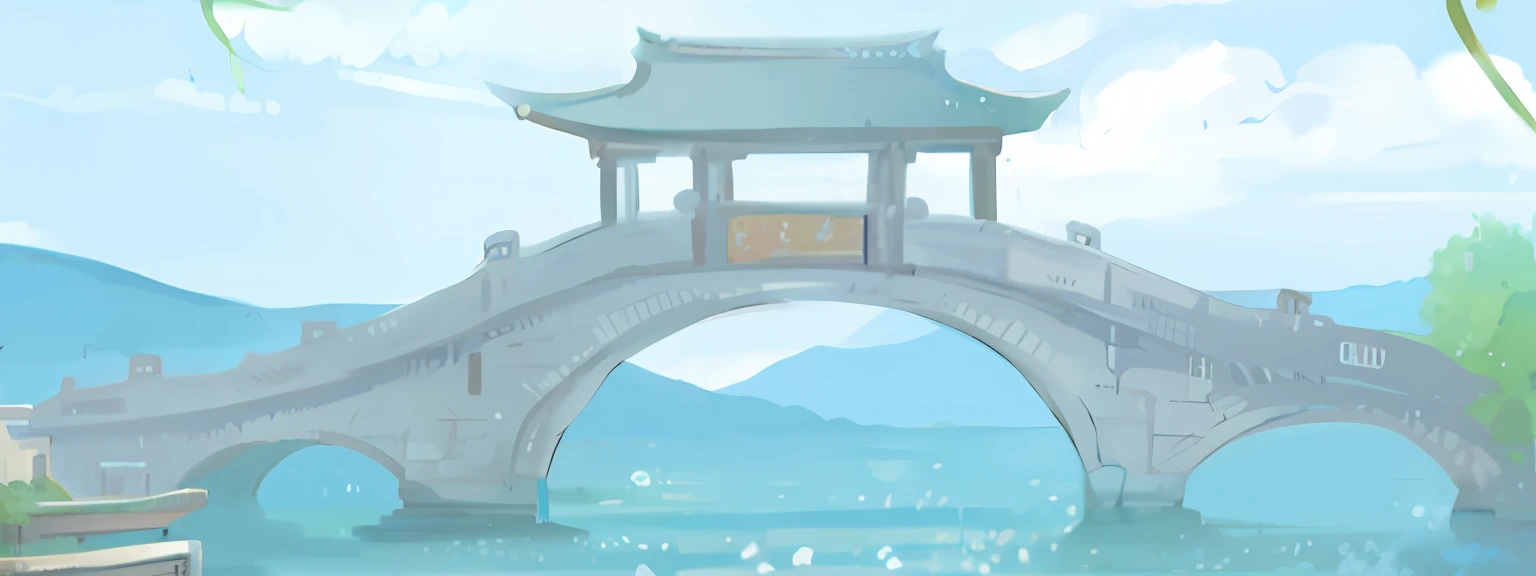 there is a painting of a bridge over a body of water, artwork in the style of z.nel. gu, digital painting of a pagoda, temple background, inspired by Shūbun Tenshō, water temple, renaissance port city background, inspired by Kawase Hasui, bridge over the water, Takahashi，The city is at the top, background depicting a temple