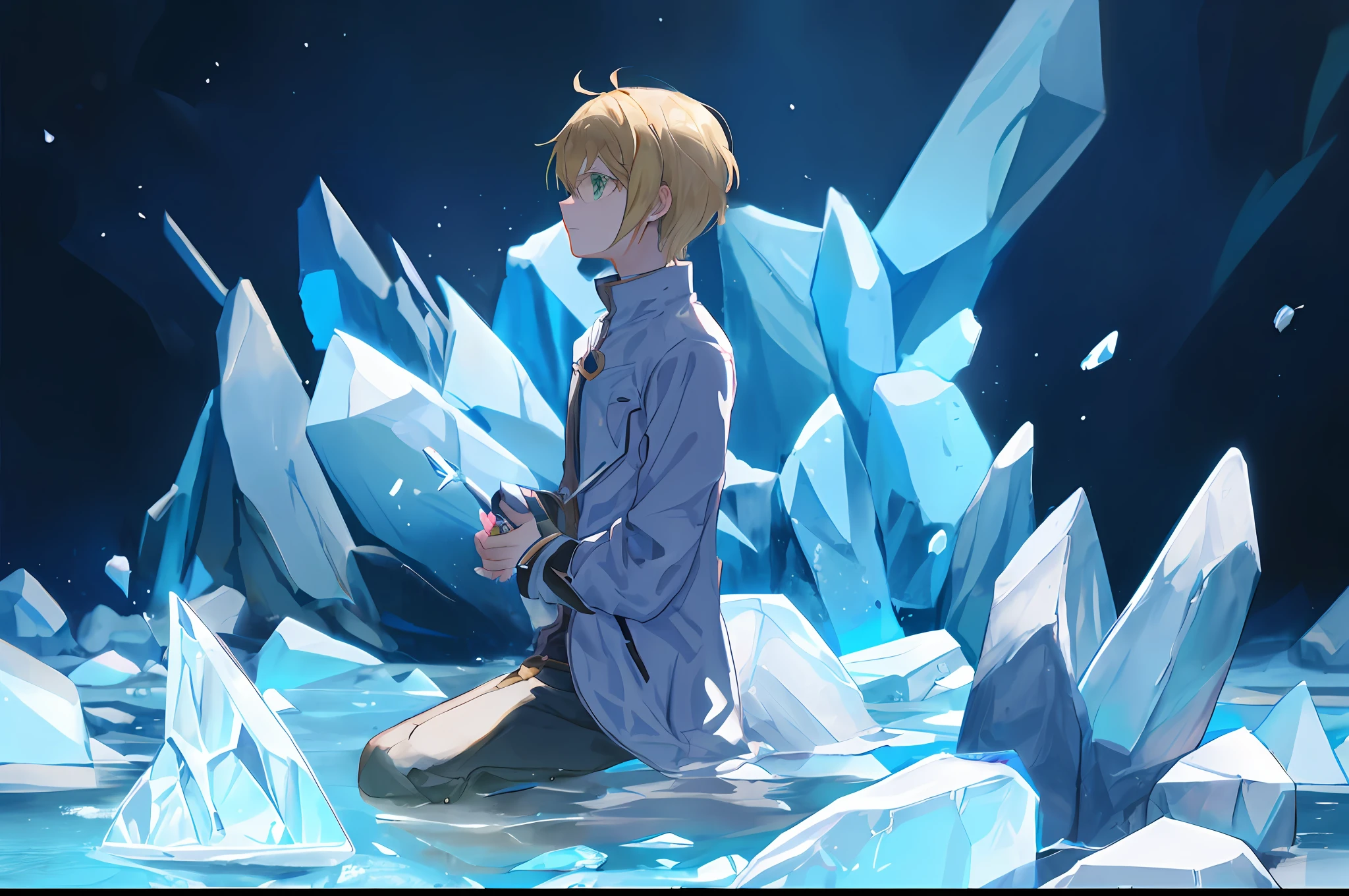male child,(((Eugeo))),Sword Art Online,(((Very short hair))),flaxen hair,((looking to side)),Sitting,Ice,独奏,Green eyes,Full Body,out door,