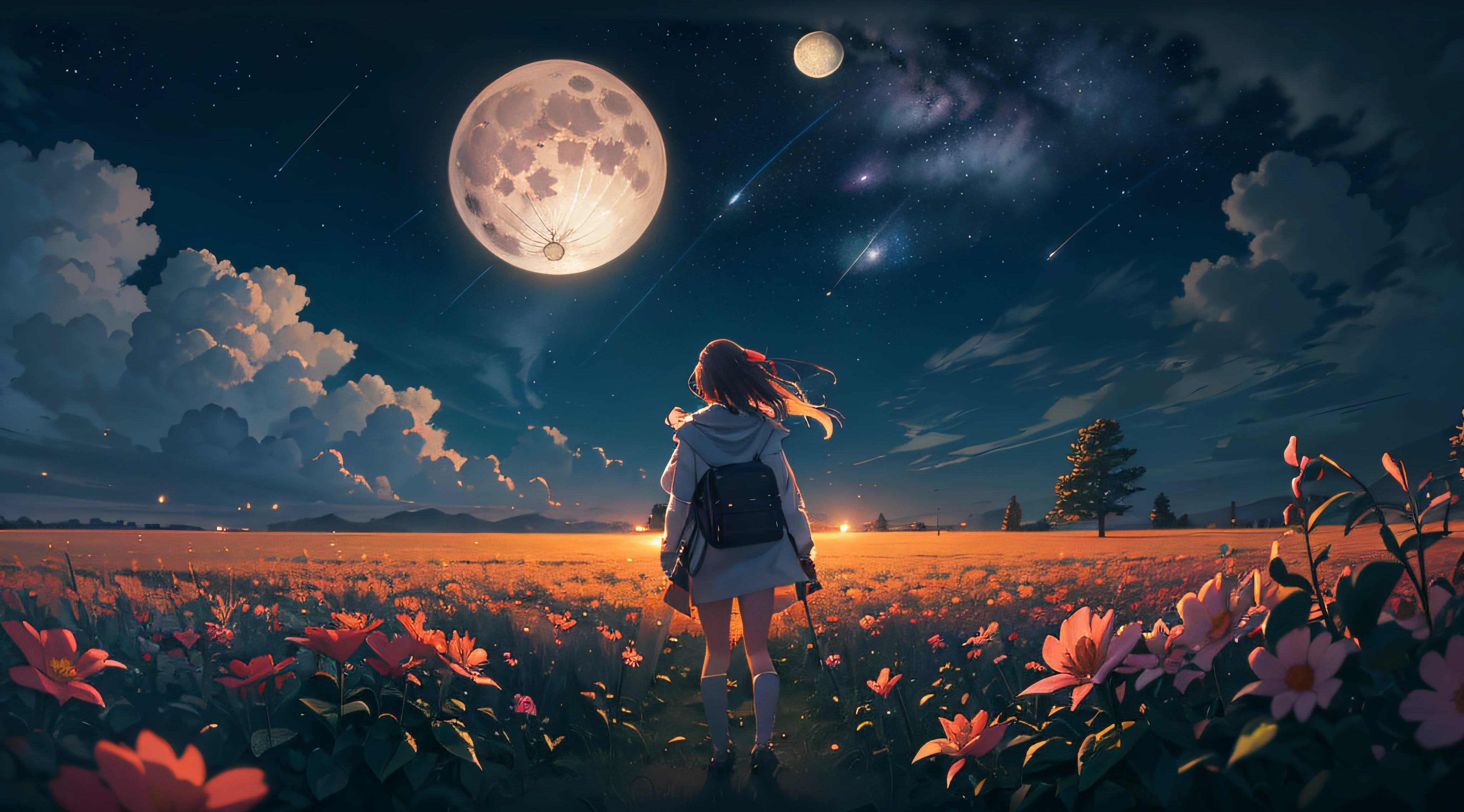 Vast landscape photo, (viewed from below, the sky is above and the open field is below), a girl standing on a flower field looking up, (full moon: 1.2), (meteor: 0.9), (nebula: 1.3), distant mountains , Trees BREAK Crafting Art, (Warm Light: 1.2), (Fireflies: 1.2), Lights, Lots of Purple and Orange, Intricate Details, Volumetric Lighting, Realism BREAK (Masterpiece: 1.2), (Best Quality), 4k, Ultra-Detailed, (Dynamic Composition: 1.4), Very Detailed, Colorful Details, (Rainbow Colors: 1.2), (Glow Lighting, Atmospheric Lighting), Dreamy, Magical, (Solo: 1.2)