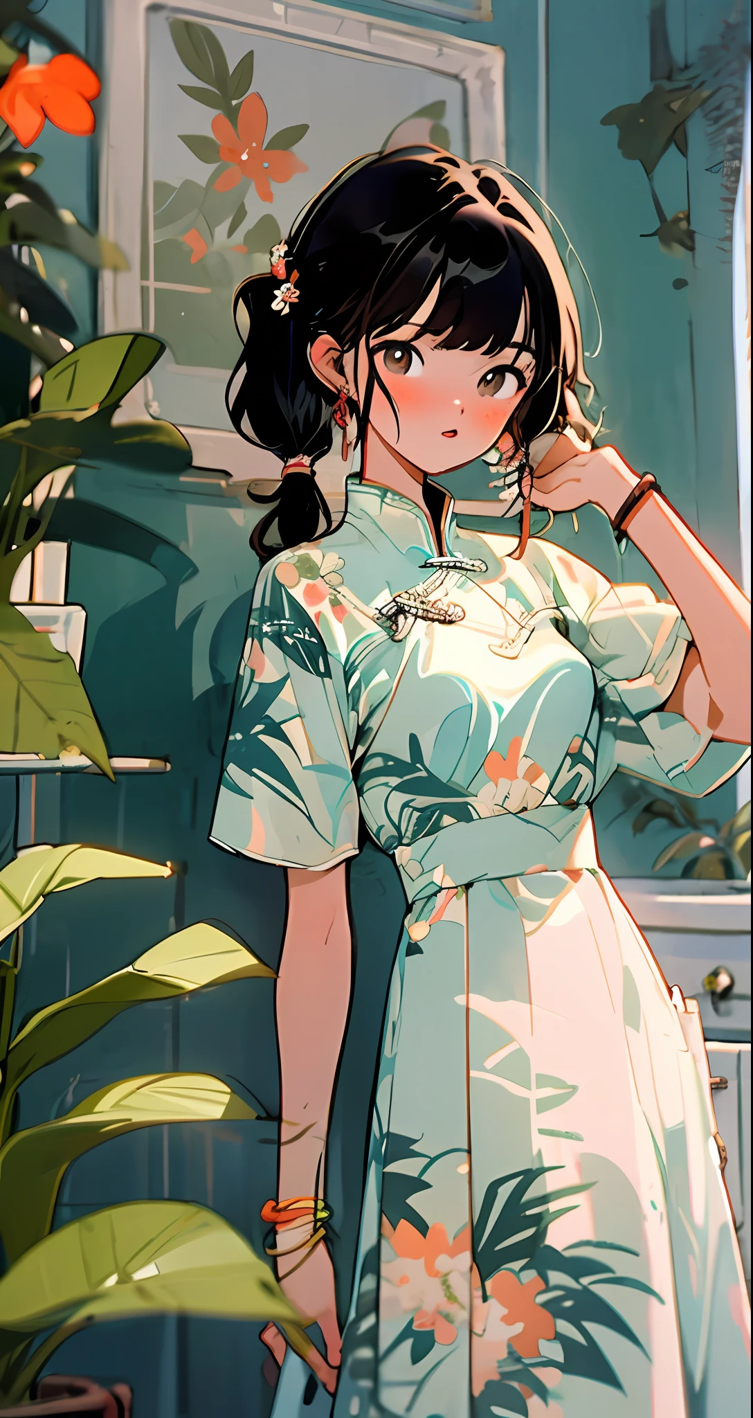 1girls， botanical， 独奏， jewelries， ear ring， Potted plants， Brunette hair， withe dress， looks at the viewer，Depth of field effect， short sleeve， Hair bangs， Blushlush， brown-eyed， floral prints， inside room， A bracelet， standup， shelf， shorter hair， hair accessory， Printed dress， nail polish， Blue dress， Middle hair， pigtails， Chinese clothes， closedmouth，