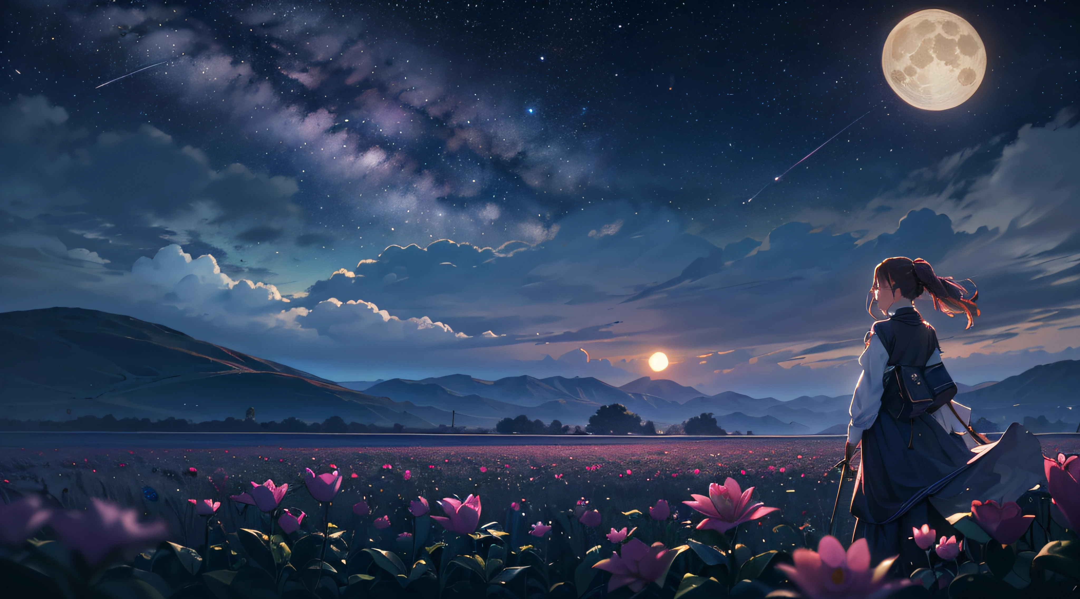 ((Best Quality)), ((Masterpiece)), Vast Landscape Photo, (From below, the sky above and the open field below), a girl standing on a flower field looking up, (Full Moon: 1.2), (Meteor: 0.9), (Nebula: 1.3), Far Mountains, Trees BREAK Making Art, (Warm Light Source: 1.2), (Firefly: 1.2), Lamps, Lots of Purple and Orange, Intricate Detailing, Volumetric Lighting, Realism BREAK (Masterpiece: 1.2), (Best Quality), 4K, Ultra-Detailed, (Dynamic Composition: 1.4), Very Detailed, Rich Detail, (Iridescent Colors: 1.2), (Glow, Atmospheric Lighting), Dreamy, Magical, (Solo: 1.2), Depth of Field, Maximum Sharpness and Clarity, Perfect Proportions,