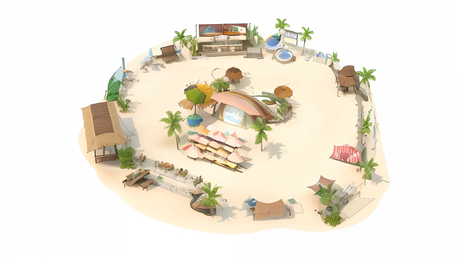 Fantasy Island，There are a lot of palm trees, high detaild,Summer sun，Set design, beach setting medium shot,Summer beach, Game scene , rendered in keyshot,Market event set-up，The sea and the waves，freshen，Stalls Market，Super atmospheric mold