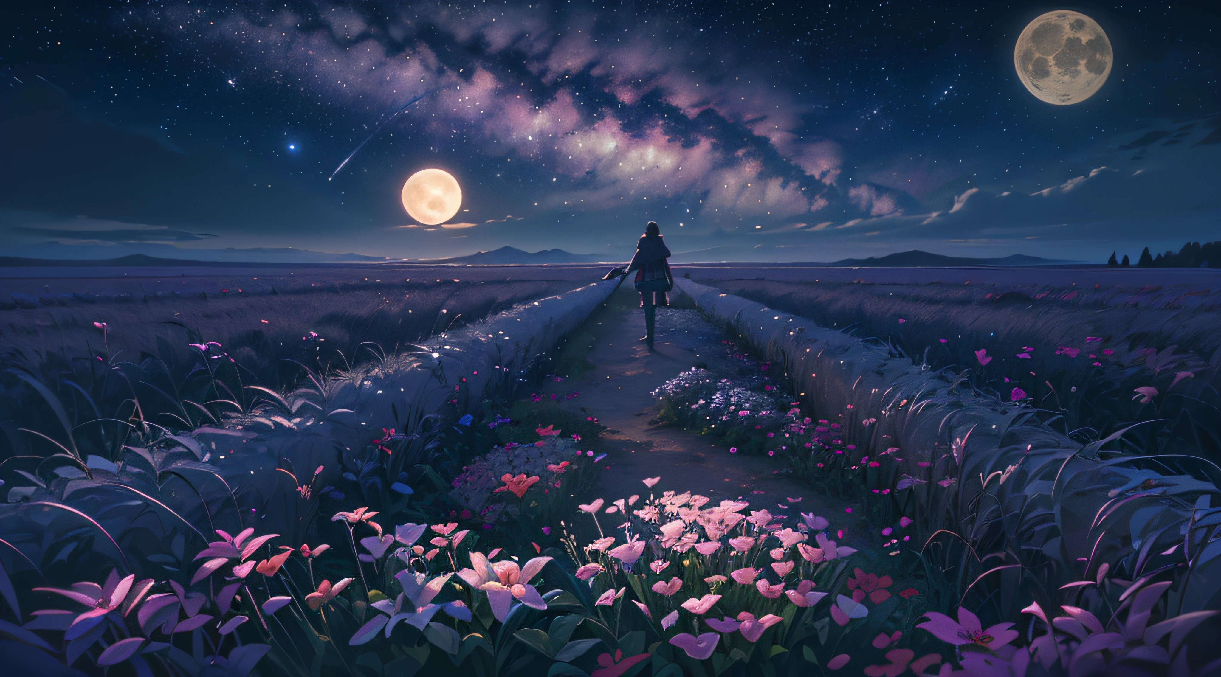((Best Quality)), ((Masterpiece)), Vast Landscape Photo, (From below, the sky above and the open field below), a girl standing on a flower field looking up, (Full Moon: 1.2), (Meteor: 0.9), (Nebula: 1.3), Far Mountains, Trees BREAK Making Art, (Warm Light Source: 1.2), (Firefly: 1.2), Lamps, Lots of Purple and Orange, Intricate Detailing, Volumetric Lighting, Realism BREAK (Masterpiece: 1.2), (Best Quality), 4K, Ultra-Detailed, (Dynamic Composition: 1.4), Very Detailed, Rich Detail, (Iridescent Colors: 1.2), (Glow, Atmospheric Lighting), Dreamy, Magical, (Solo: 1.2), Depth of Field, Maximum Sharpness and Clarity, Perfect Proportions,