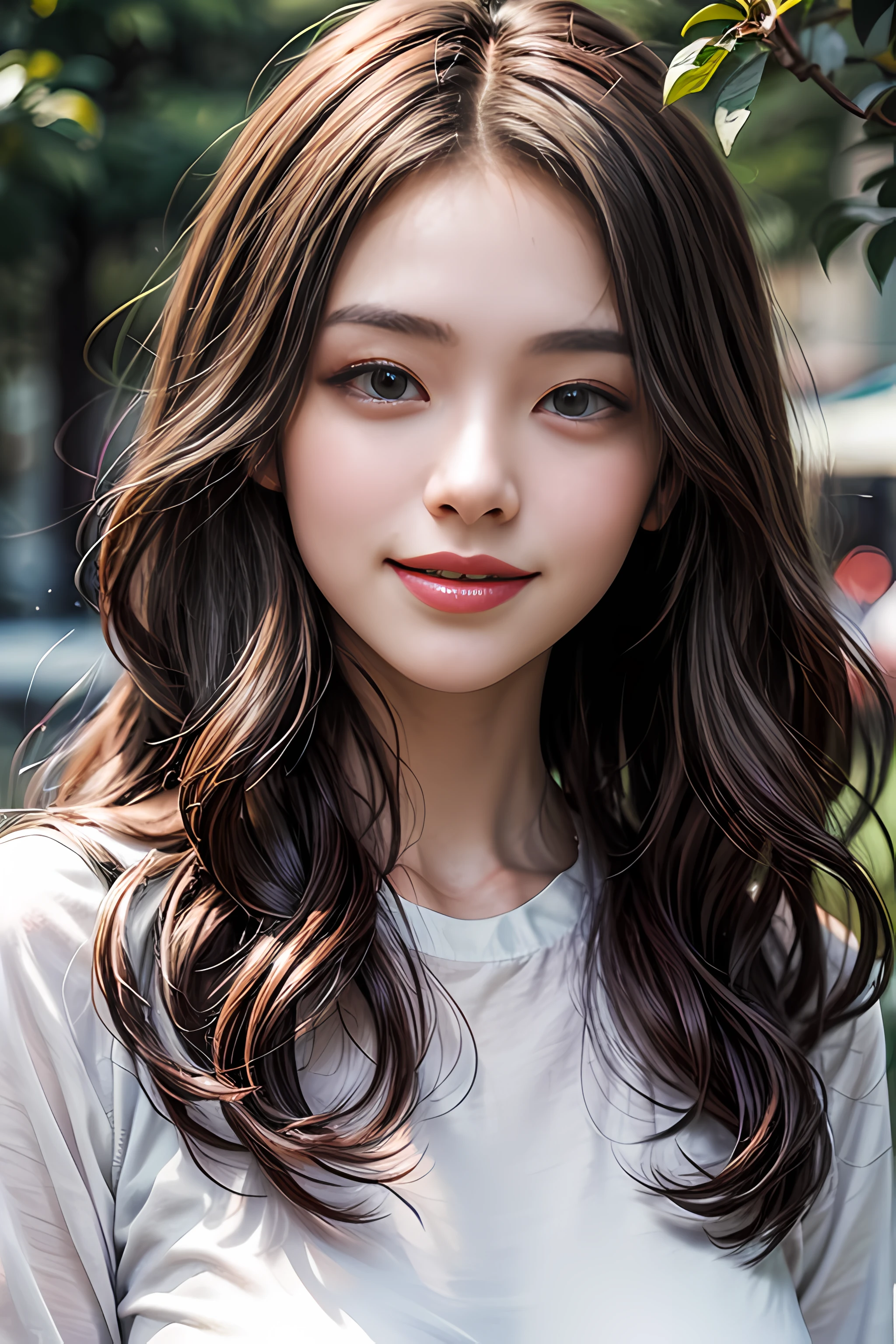 detailed eyes, detailed face, best quality , smile, (facing front), looking at viewer, white shirt, sunny day, outdoor, 1girl upperbody, dark purple red chocolate color hair dye, long way hair, thin hair, long wave hair, wavy hair, ombre hair, curly hair
