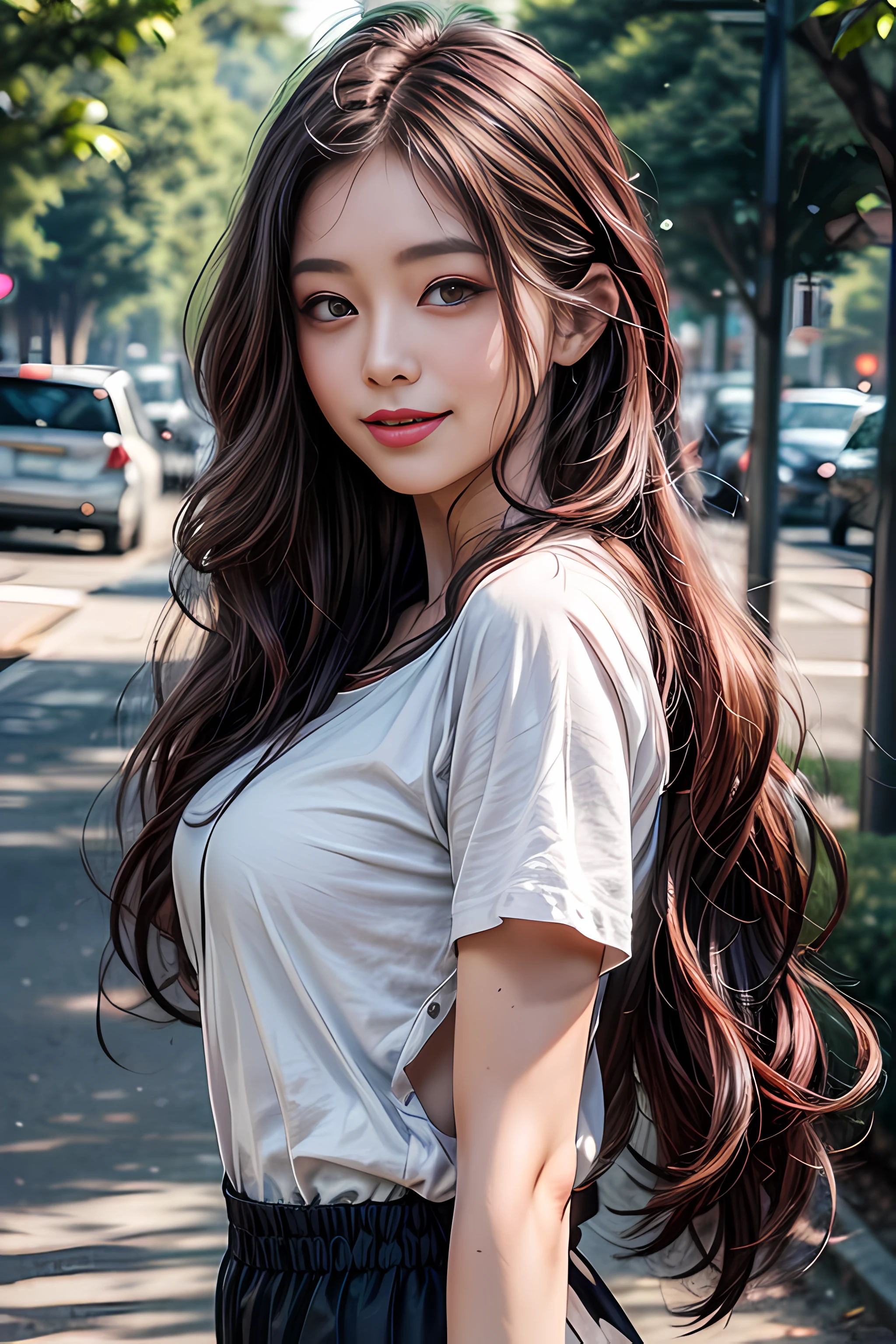 detailed eyes, detailed face, best quality , smile, (facing front), looking at viewer, white shirt, sunny day, outdoor, 1girl upperbody, dark purple red chocolate color hair dye, long way hair, thin hair, long wave hair, wavy hair, ombre hair, curly hair